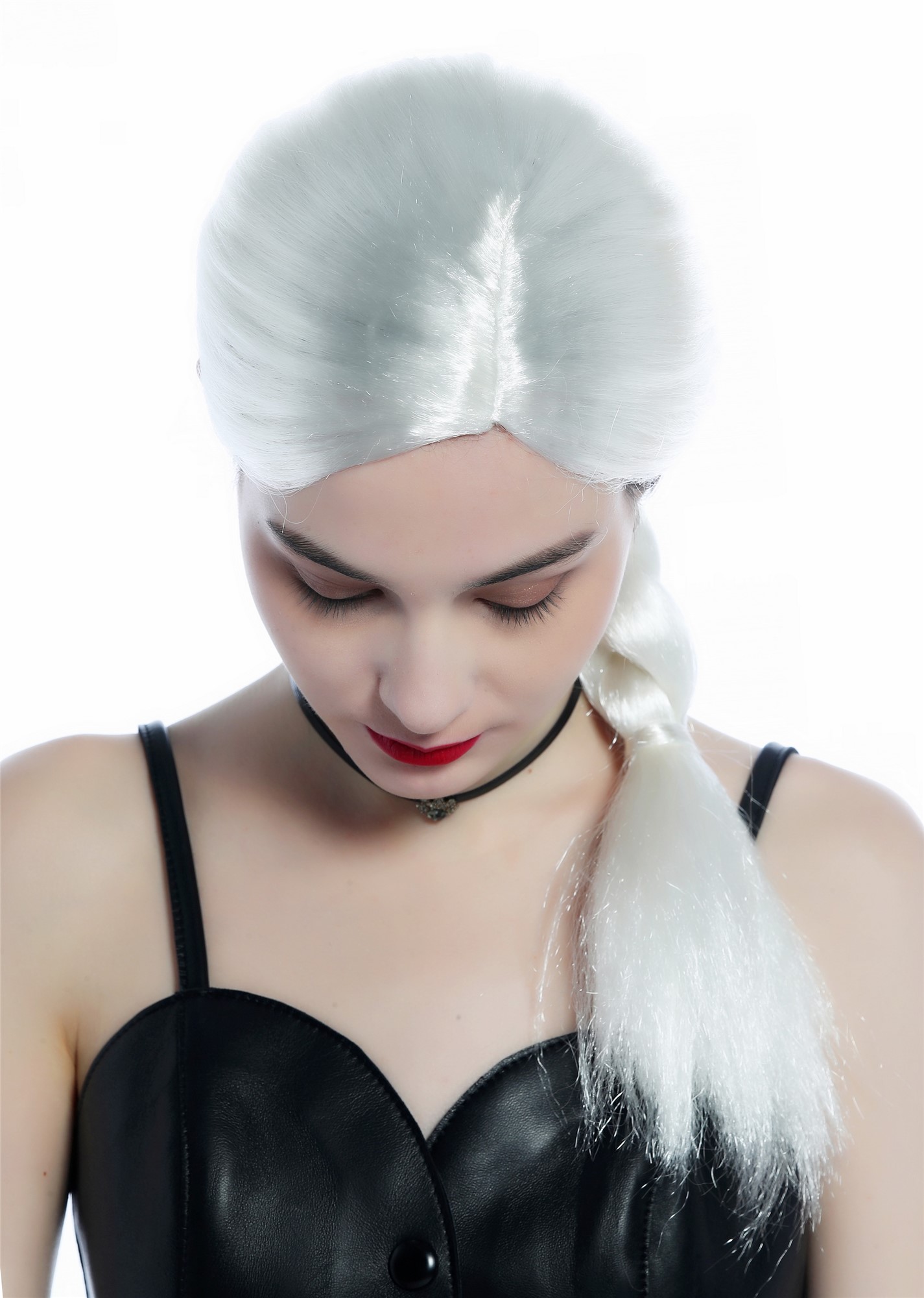 günstige Party Perücke, Perücke glatt weiß Mittelscheitel dicker geflochtener Zopf 91800-ZA68, Ansicht 5, WIG ME UP: Ihr Perücken Online Shop geflochtene Party Perücke Blütenweiß lange Haare für Damen