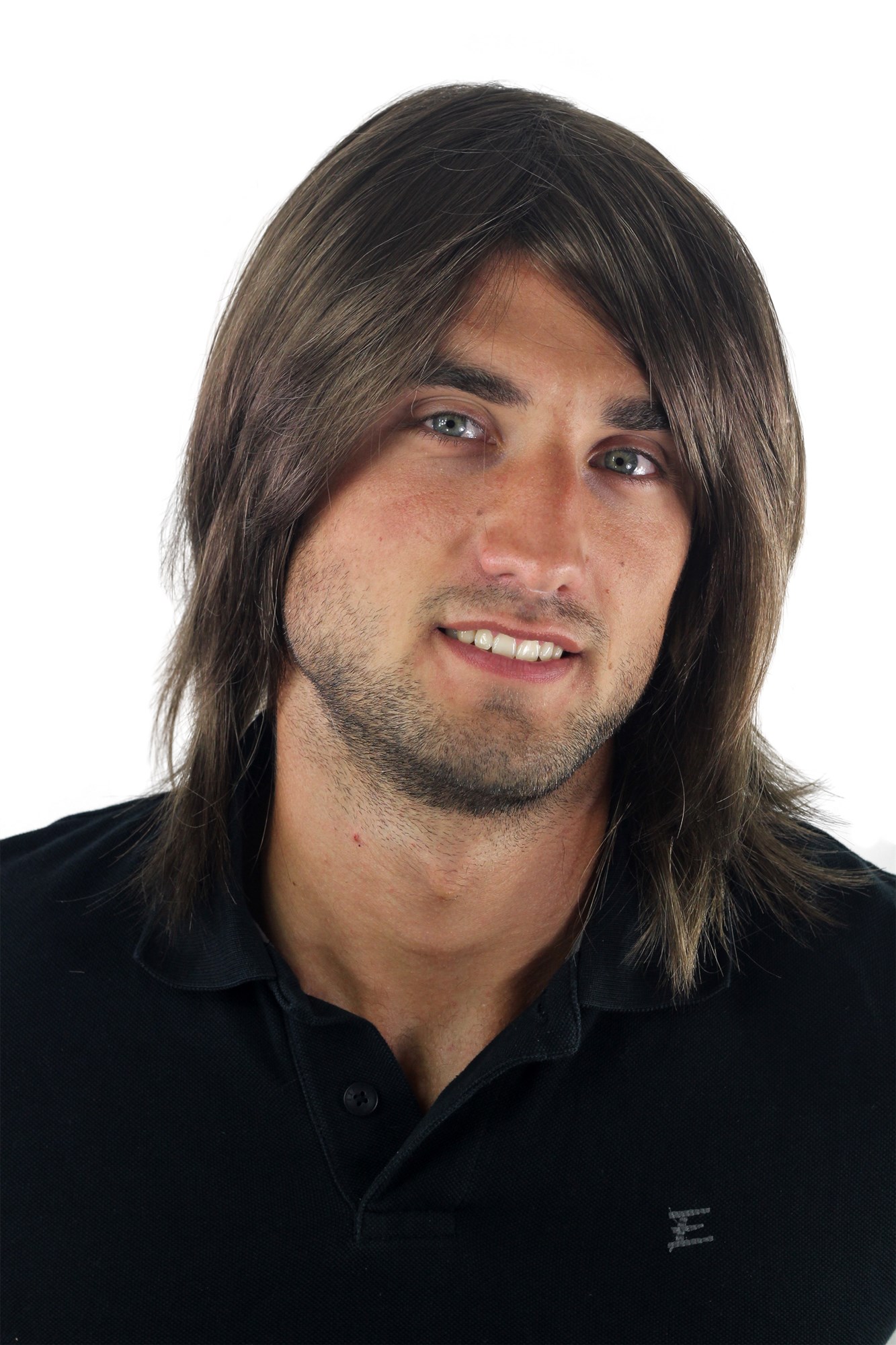hochwertige Qualitätsperücken, Perücke Herren lang lässiger Haarschnitt braun GFW892-10, Vorderansicht, WIG ME UP: Ihr Perücken Online Shop glatte Tressen-Perücke mit Kopfhaut-Imitat Mittelbraun schulterlange Haare für Herren