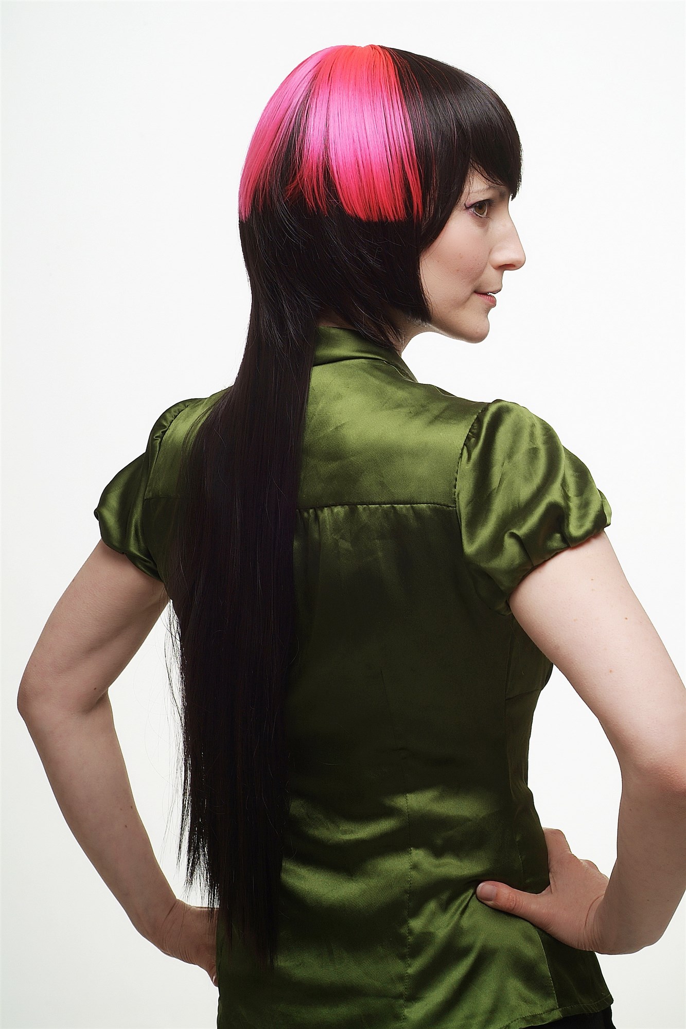 hochwertige Qualitätsperücken, Perücke Bob hinten lang dunkelbraun pink SA039-4/TF2313, Ansicht 5, WIG ME UP: Ihr Perücken Online Shop glatte Tressen-Perücke mit Kopfhaut-Imitat dunkelbraun sehr lange Haare für Damen