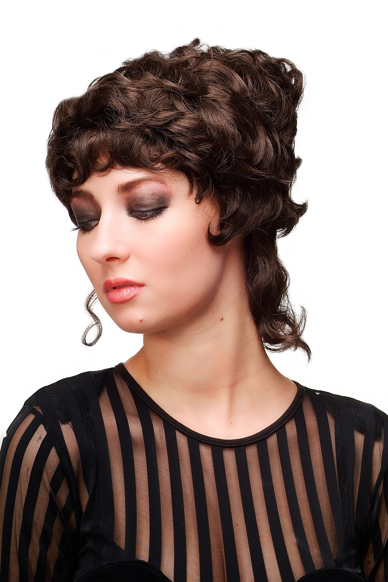 hochwertige Qualitätsperücken, Perücke Turmfrisur Barock Braun L.COLONIAL.Lady-6, Vorderansicht, WIG ME UP: Ihr Perücken Online Shop lockige Tressen-Perücke Braun schulterlange Haare für Damen