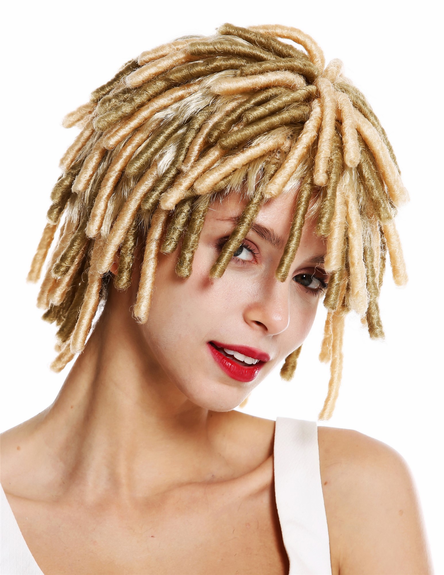 Party wig corkscrew curls afro short voluminous Rasta dreads light blonde DH1110, front view, WIG ME UP: Your Perücken Online Shop Party Wig, Unisex, blond mix, curled, short