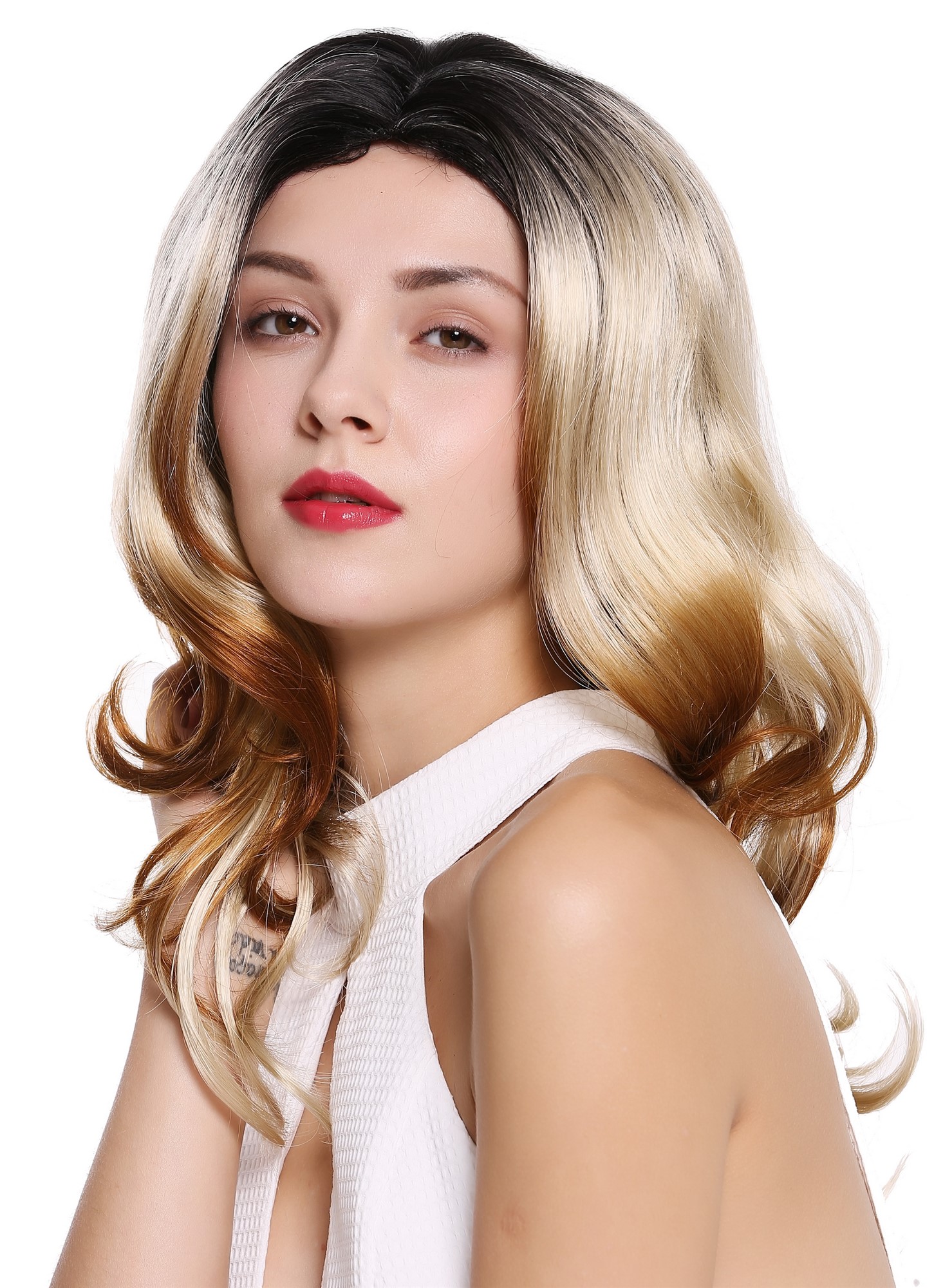 Women's wig lady long wavy soft curls middle parting ombre black blonde DW1595, view 3, WIG ME UP: Your Perücken Online Shop Quality Wigs, Ladies, blonde-velvet black mix, wavy, long