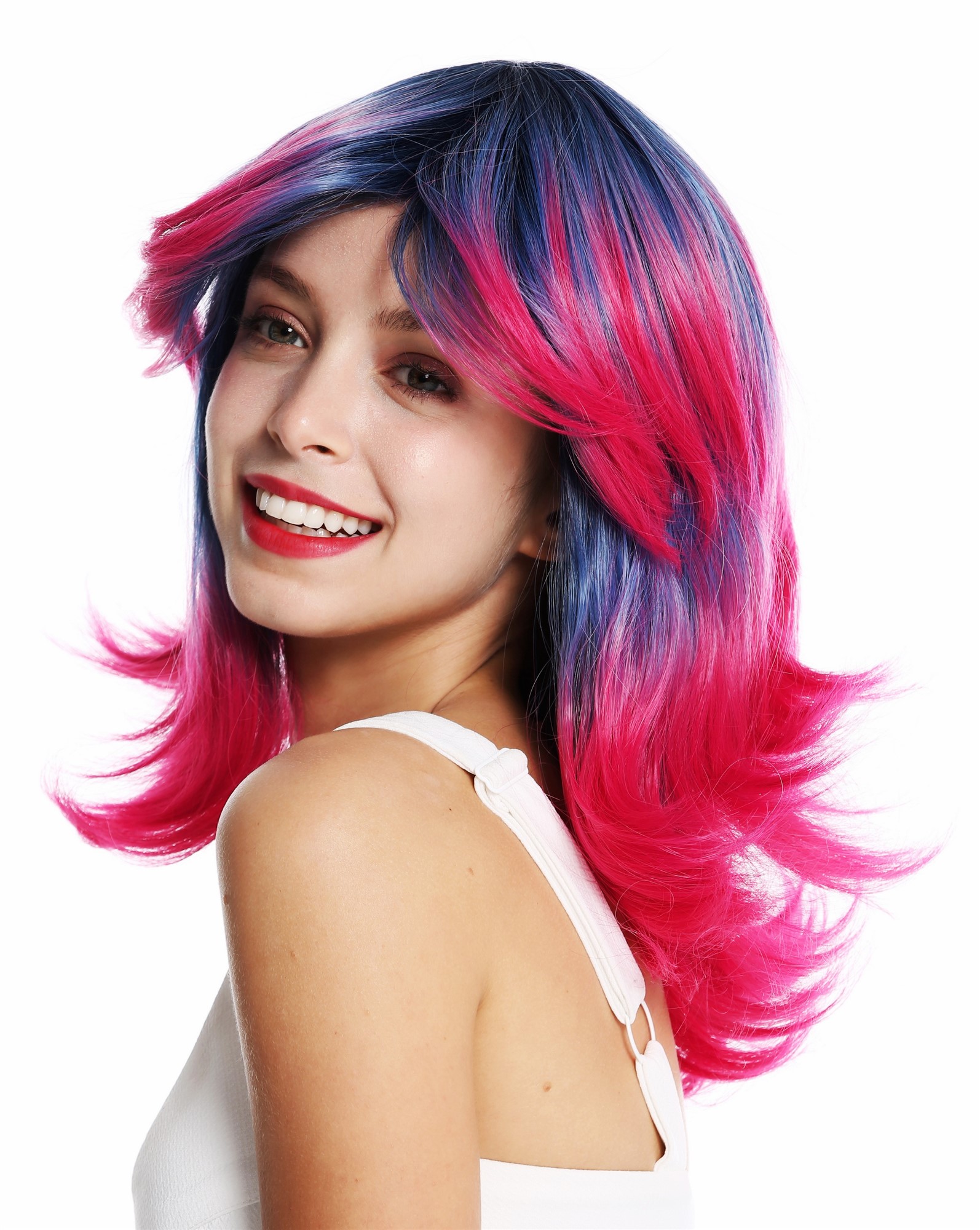 Lady wig extravagant wild layered highlights blue red cosplay colourful ZM-1899, view 3, WIG ME UP: Your Perücken Online Shop Quality Wigs, Ladies, blue-red mix, straight, shoulder-length