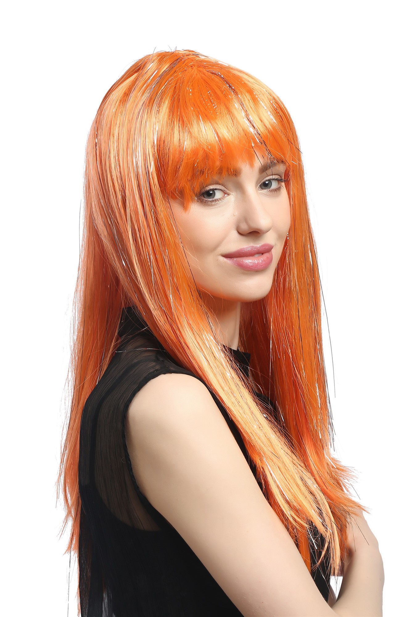 XR-003-PC24 Lady Party Wig Halloween long straight bangs streaked with silver tinsel strands orange, view 4, WIG ME UP: Your Perücken Online Shop Party Wig, Ladies, neon orange, straight, long