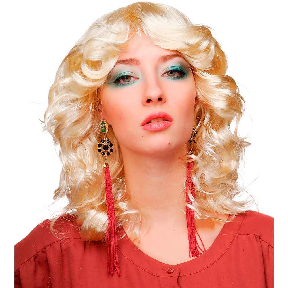 Goldblonde schulterlange Perücke mit großen Locken im Hippi Stil