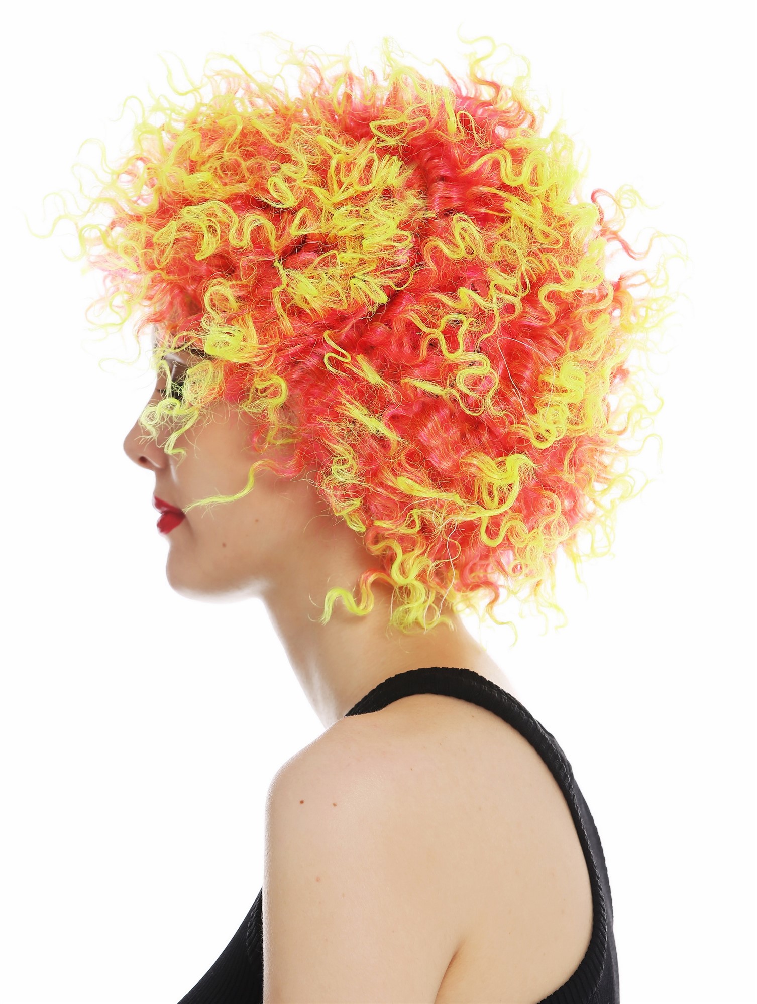 günstige Party Perücke, Perücke kurz lockig kraus rot gelb 31954-FR41-91, Ansicht 4, WIG ME UP: Ihr Perücken Online Shop lockige Party Perücke Pink-Neongelb-Mix kurze Haare Unisex