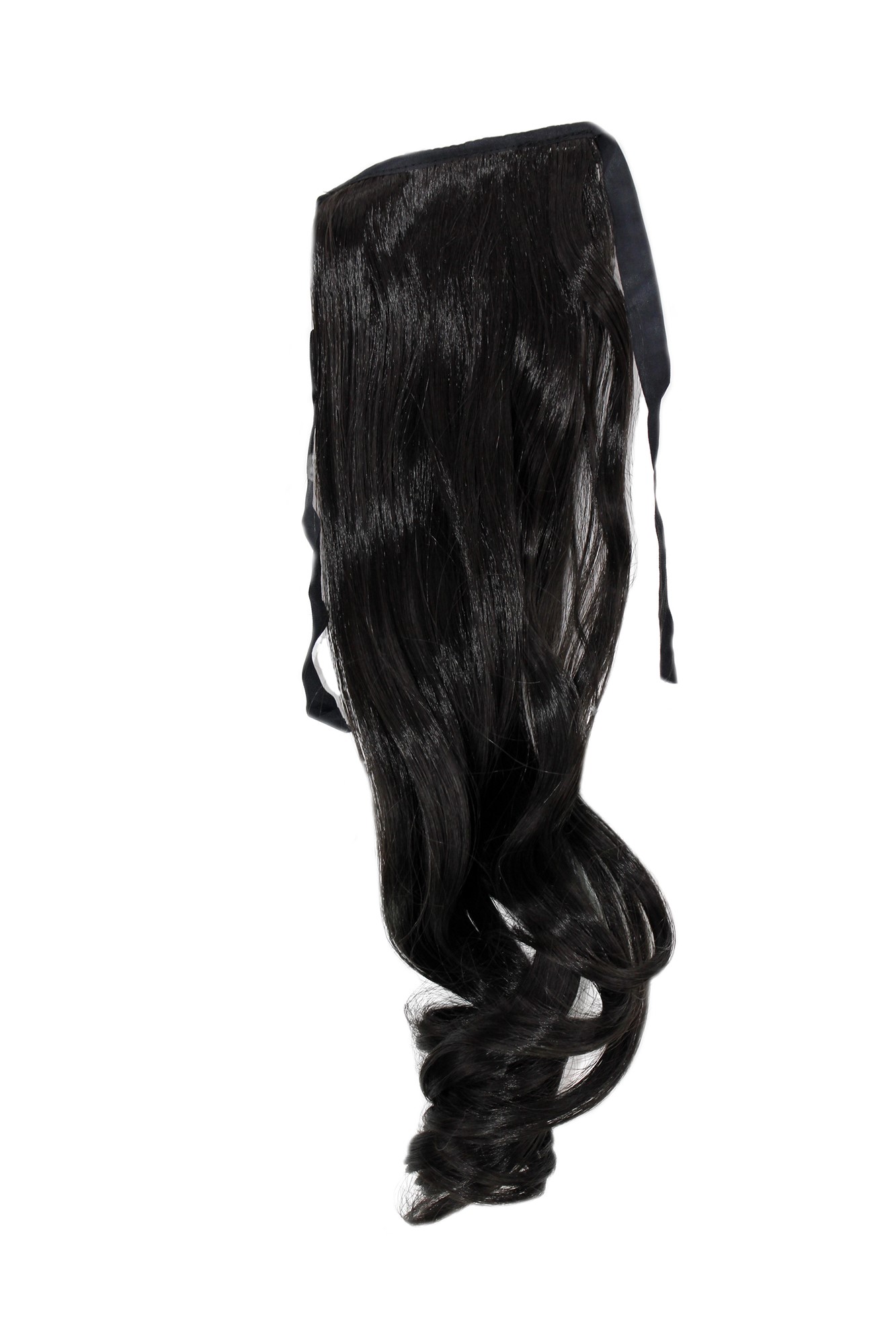YZF-TC18-2 Hairpiece Pontail Pigtail extension slim light wavy comb and ribbon medium black 18", front view, WIG ME UP: Your Perücken Online Shop Ponytails, black-brown, wavy, shoulder-length