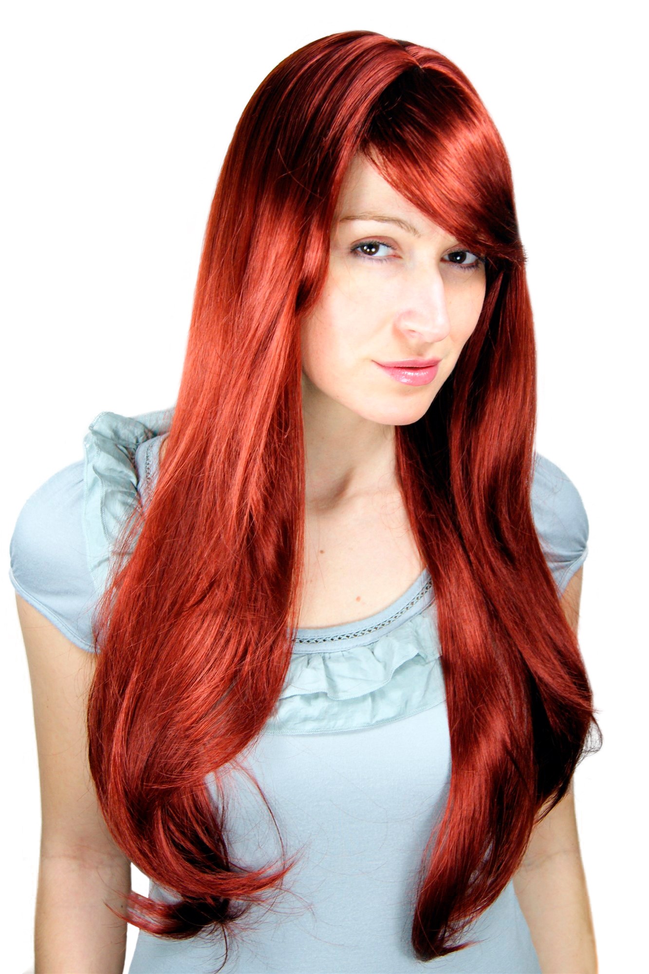 Lady women wig very long fringe part to side straight dark auburn redbrown 3111, front view, WIG ME UP: Your Perücken Online Shop Quality Wigs, Ladies, Red, straight, long