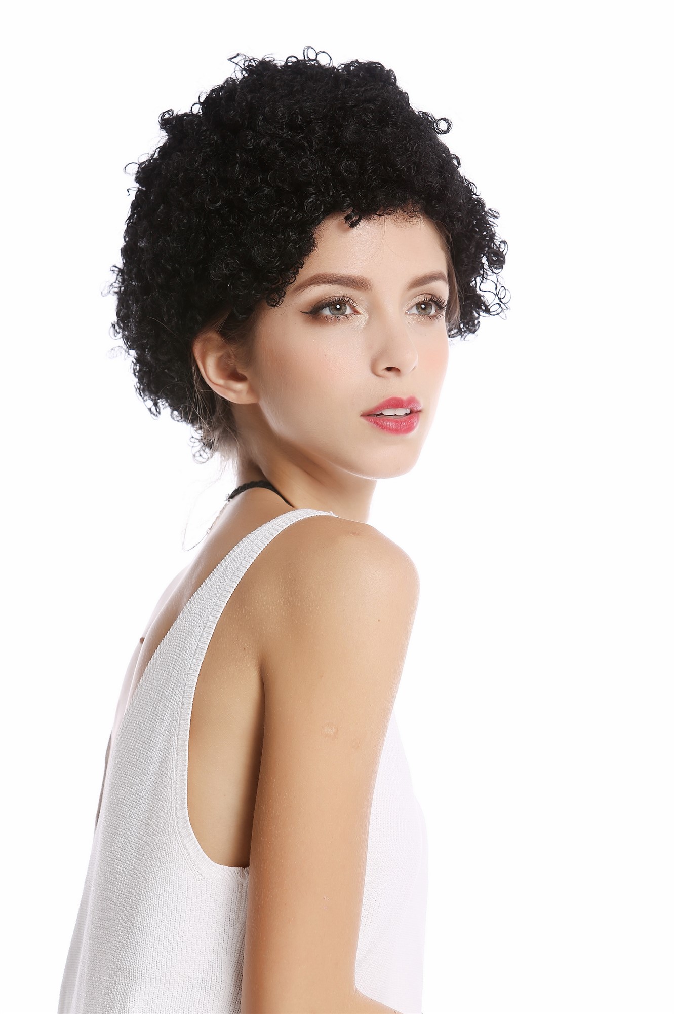 90646-K01 Wig Lady Man Carnival Halloween short Afro frizzy curls curly black, front view, WIG ME UP: Your Perücken Online Shop Party Wig, Unisex, Black, curled, short