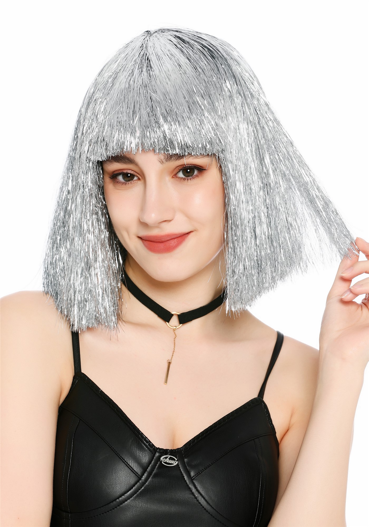 Perücke Damen Glitzer Lametta Tinsel Look Longbob Pony Disco Glam Silber VK-42-TN12