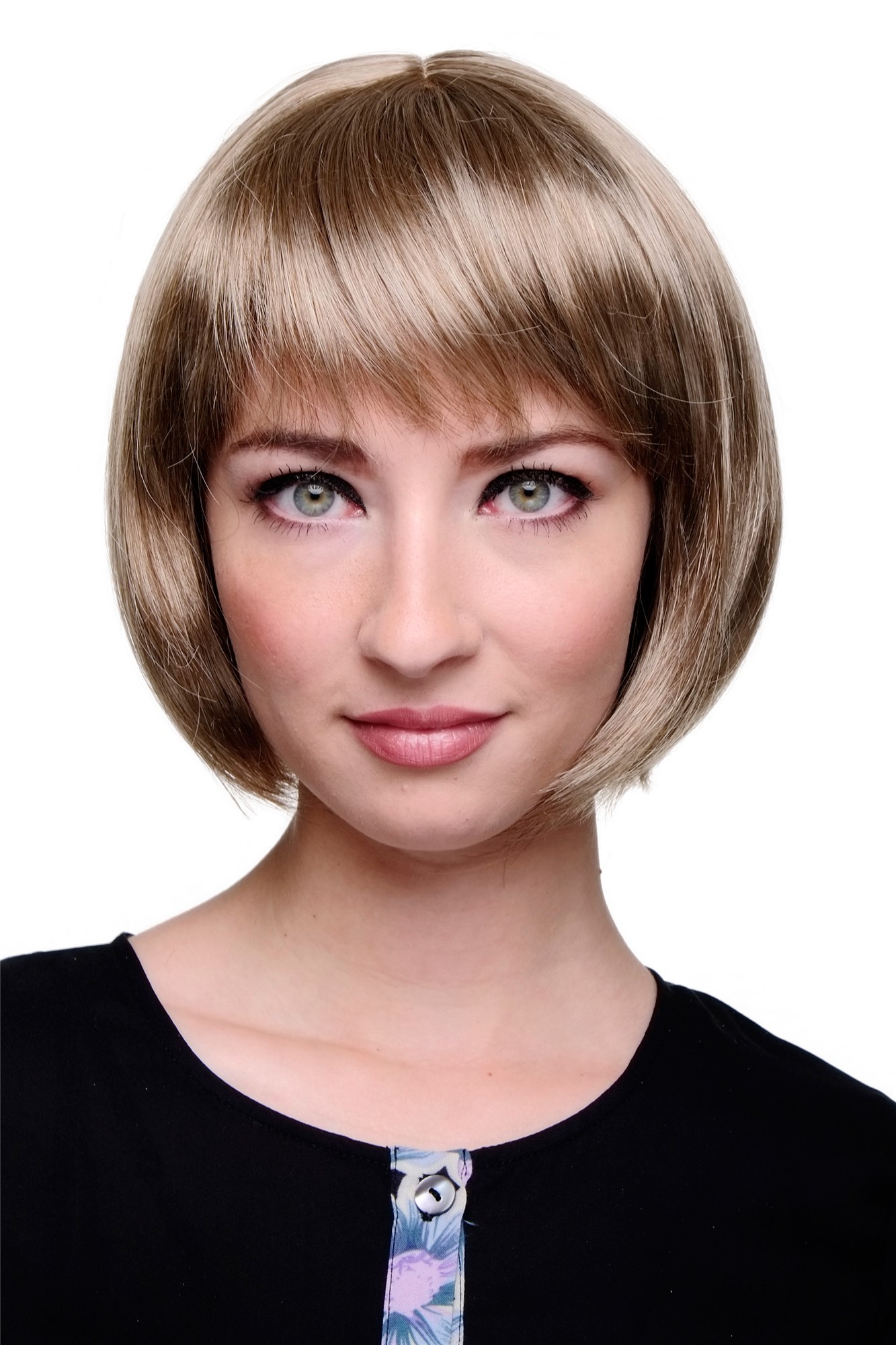 hochwertige Qualitätsperücken, Sexy Damen Bob Perücke glatte kurze Haare mit Pony Hell-Goldbraun 703-14, Vorderansicht, WIG ME UP: Ihr Perücken Online Shop glatte Tressen-Perücke mit Kopfhaut-Imitat Hell-Goldbraun kurze Haare für Damen