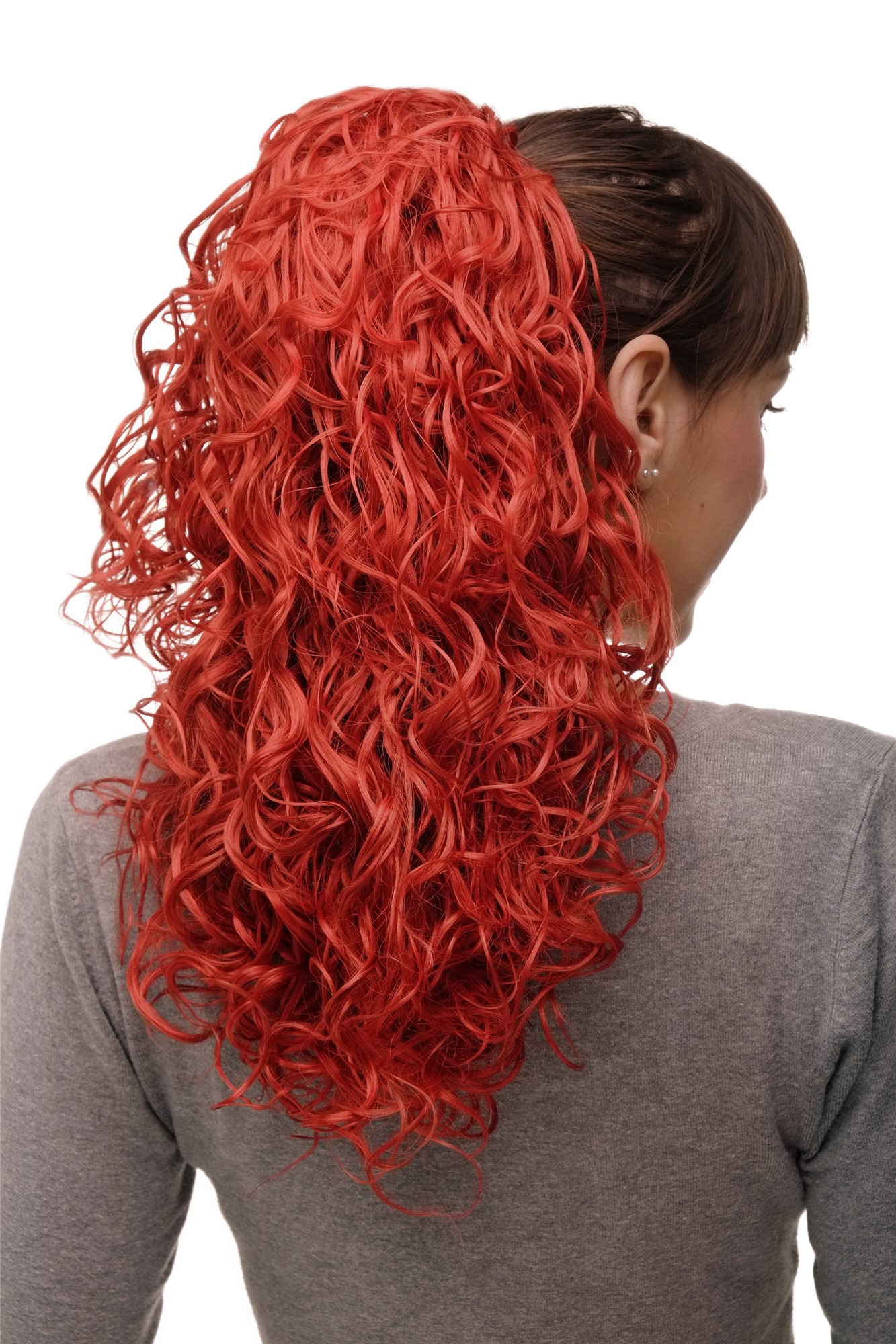 Hairpiece Ponytail with 2 combs/clips & elastic draw string long full curls voluminous bright red, front view, WIG ME UP: Your Perücken Online Shop Ponytails, red mix, curled, shoulder-length