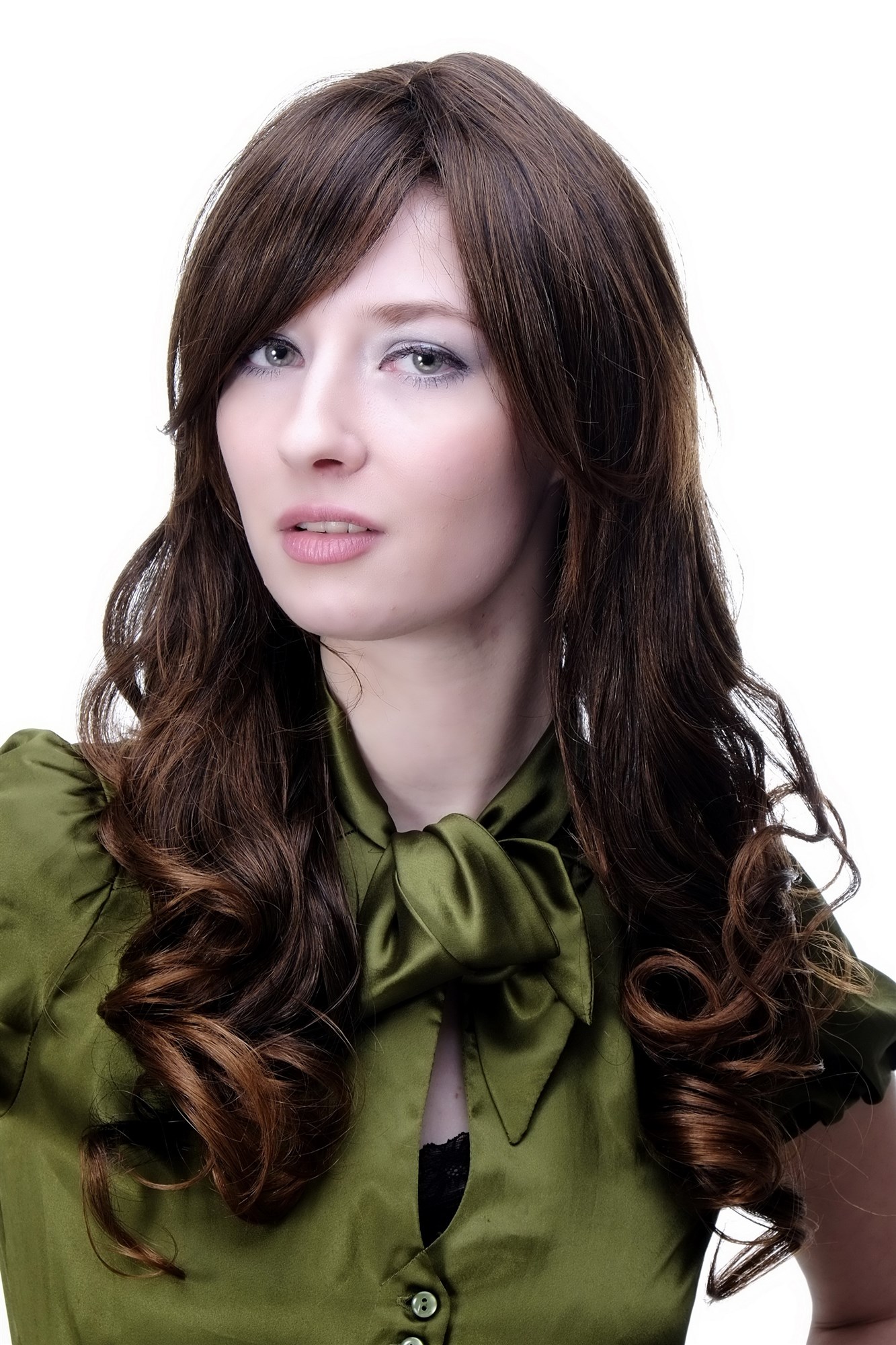 hochwertige Qualitätsperücken, Damen Perücke braun Scheitel lockig 9319-2T30, Vorderansicht, WIG ME UP: Ihr Perücken Online Shop lockige Tressen-Perücke mit Kopfhaut-Imitat Schwarzbraun-Kupferbraun lange Haare für Damen