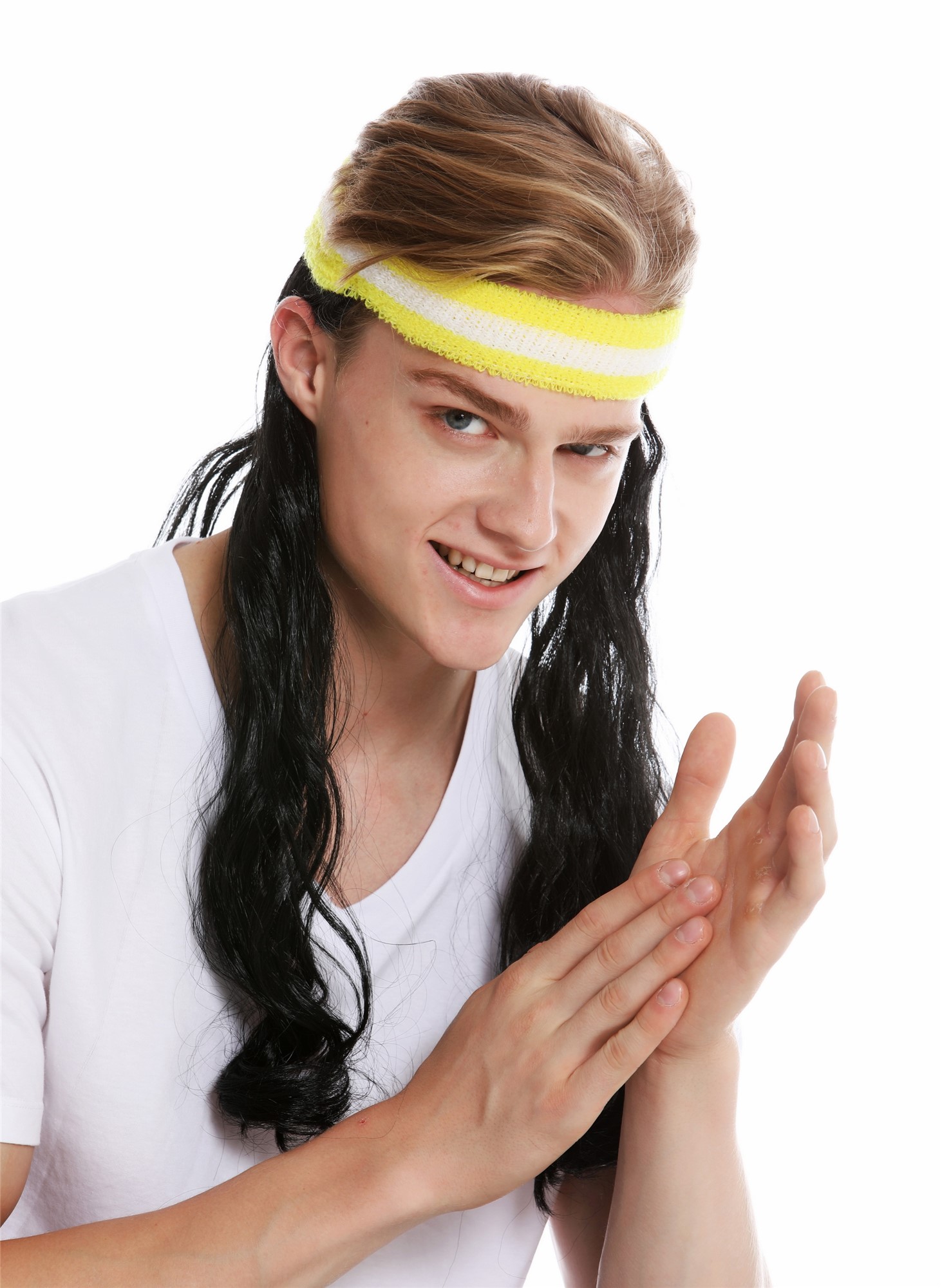 günstige Party Perücke, Perücke Stirnband lange Haare Vokuhila Proll 80er Schwarz CXH-014-P103, Ansicht 2, WIG ME UP: Ihr Perücken Online Shop wellige Party Perücke Pechschwarz schulterlange Haare Unisex