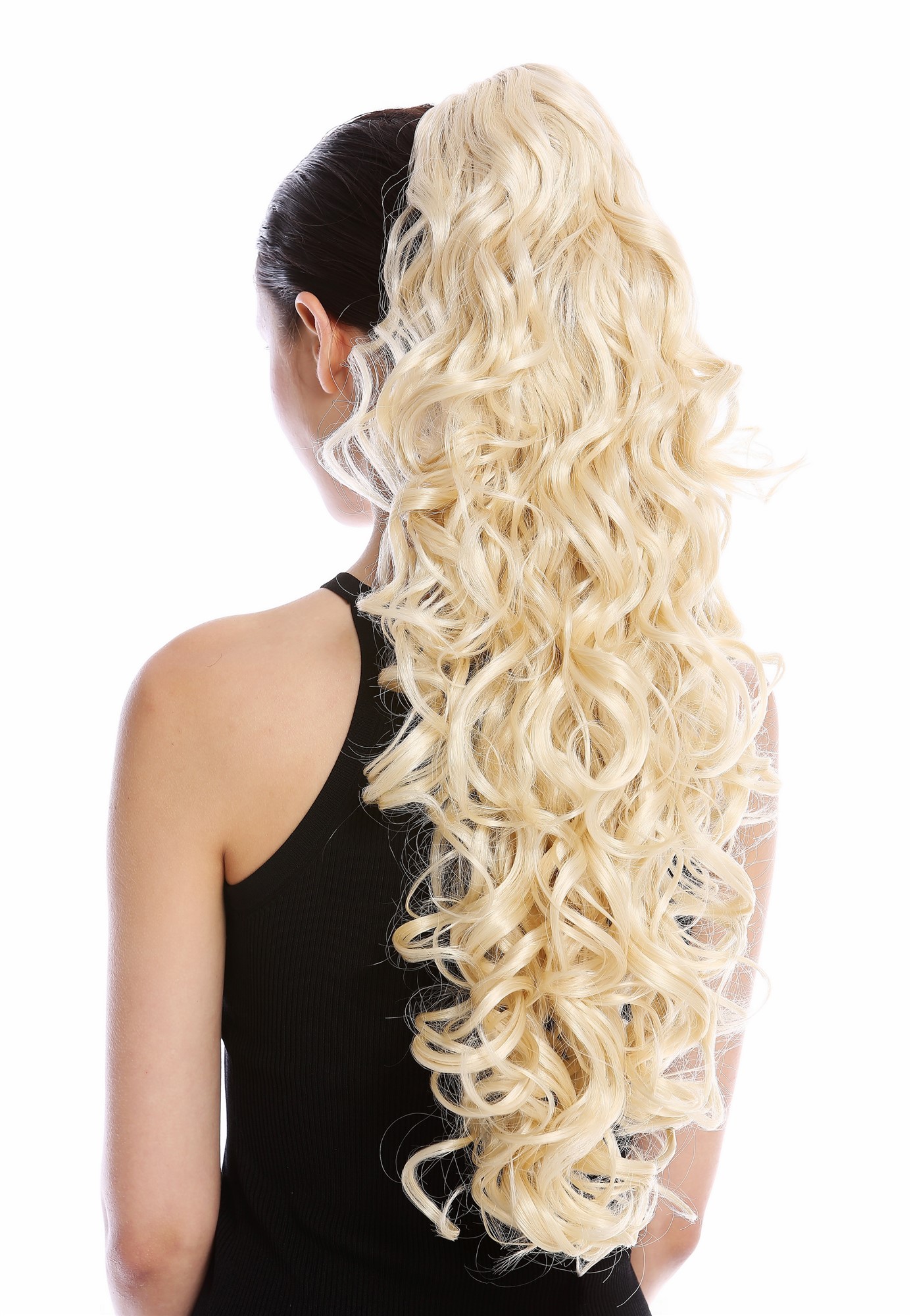 hochwertiger Zopf Pferdeschwanz Lockig Lang Voluminös Platinblond N1095-V-613, Vorderansicht, WIG ME UP: Ihr Perücken Online Shop lockiges Zopf-Haarteil Platinblond 65 cm lang