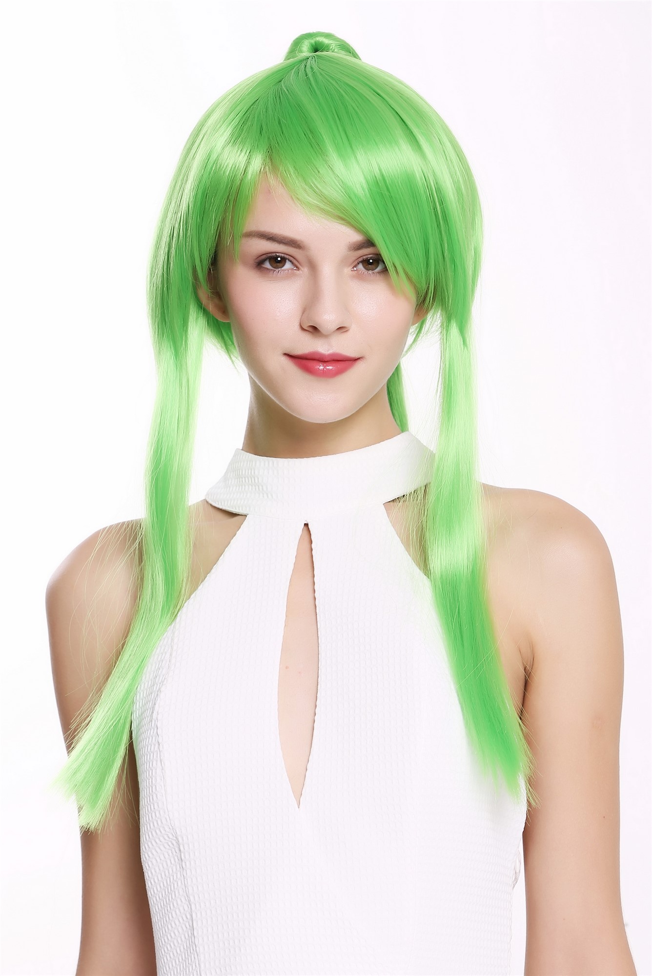 hochwertige Qualitätsperücken, Perücke Lang Zopf Strähnen Grün Cosplay YZF-7042+A-TF2605, Ansicht 5, WIG ME UP: Ihr Perücken Online Shop glatte Tressen-Perücke mit Kopfhaut-Imitat Hellgrün sehr lange Haare für Damen