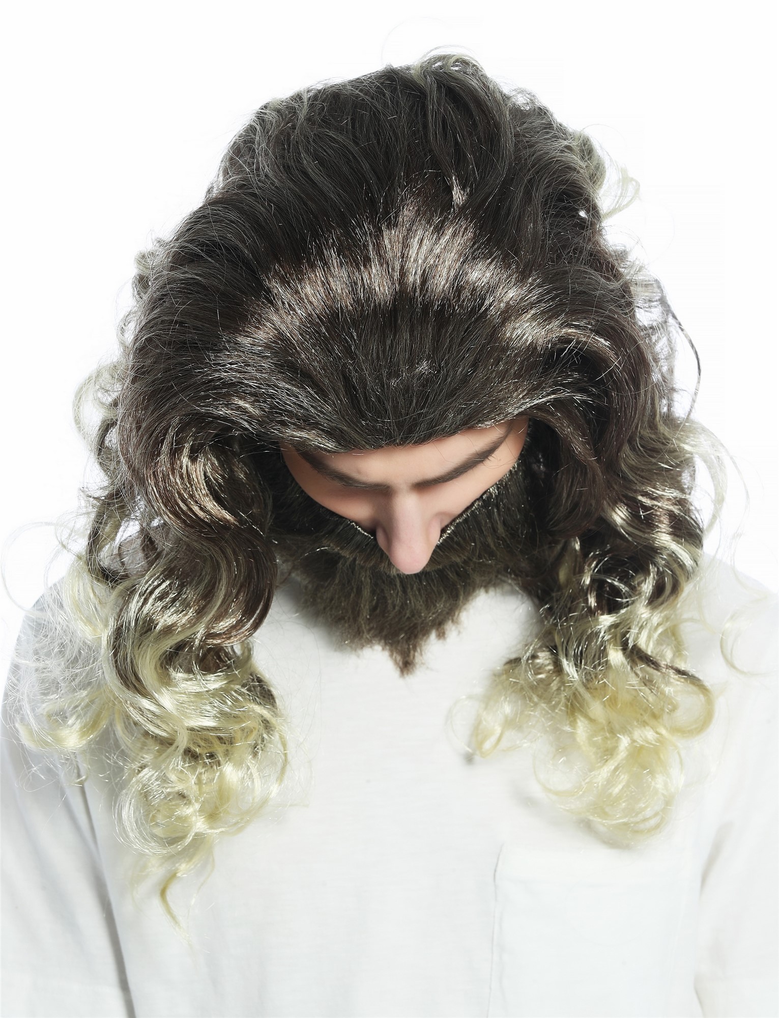 Wig & beard brown streaked with blond wild curled prophet hipster hermit CW-024, view 4, WIG ME UP: Your Perücken Online Shop Party Wig, Men, Brown,Blonde, wavy, shoulder-length