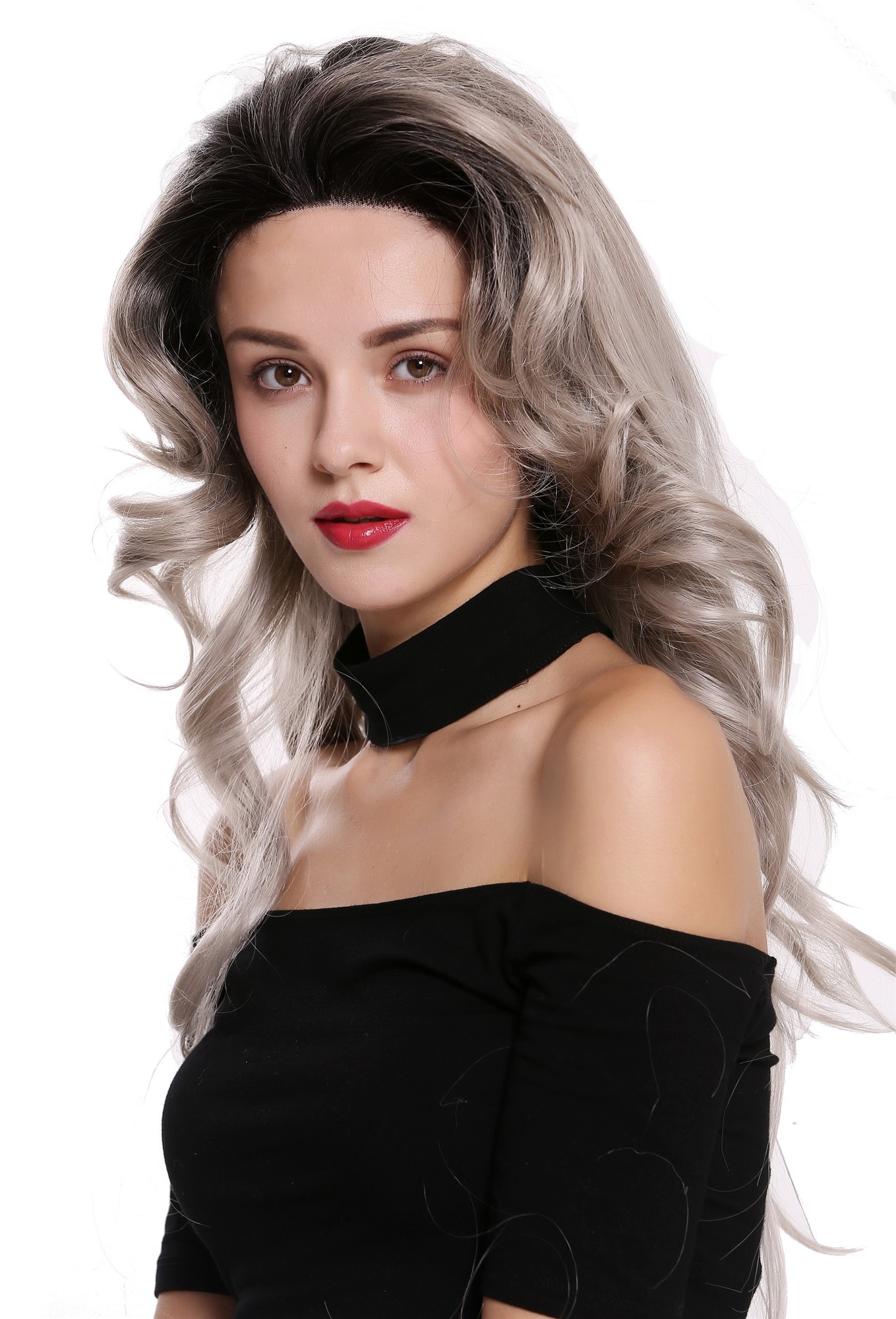 Lady wig lace front monofilament long backcombed ombre black grey mix DW2536-MF, view 4, WIG ME UP: Your Perücken Online Shop Quality Wigs, Ladies, matte gray-deep black mix, wavy, long