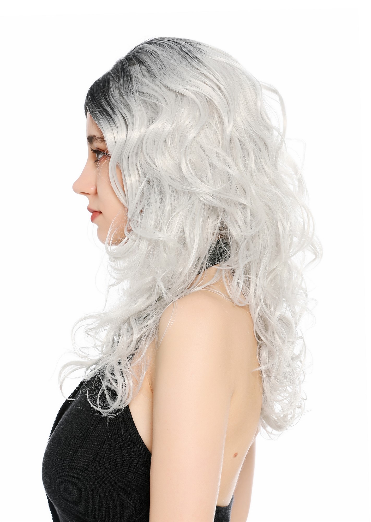 Perücke Damen lang voluminös wild gewellt wellig Mittelscheitel Ombre Schwarz Hellgrau GFW1832-silvergray+1B