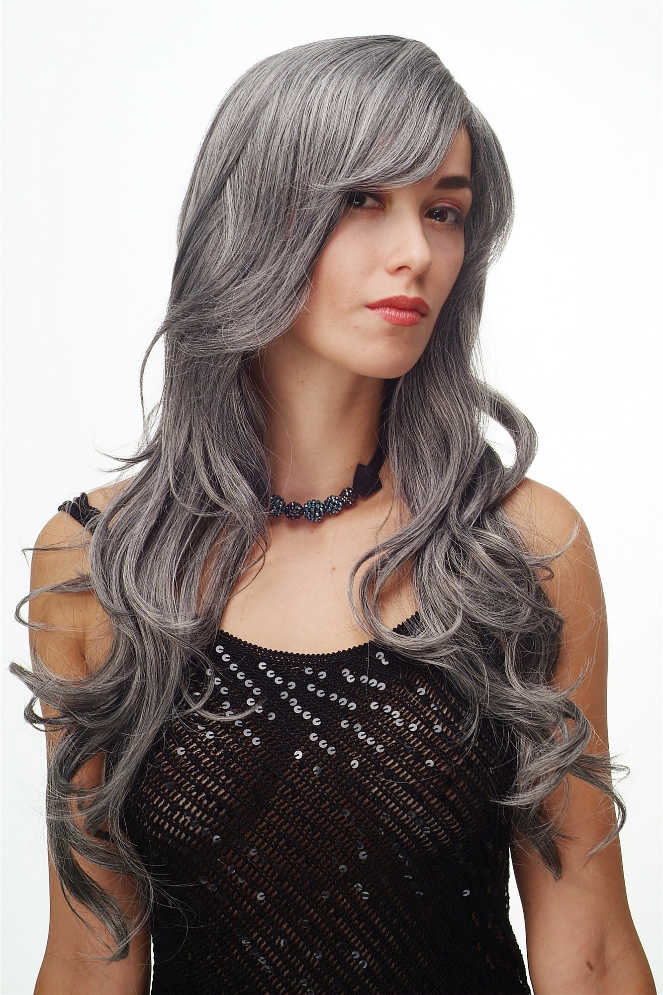 hochwertige Qualitätsperücken, Perücke lang wallendes Haar wellig leicht lockig Grau-Mix 9204S-44, Ansicht 5, WIG ME UP: Ihr Perücken Online Shop lockige Tressen-Perücke mit Kopfhaut-Imitat Grau-Mix lange Haare für Damen