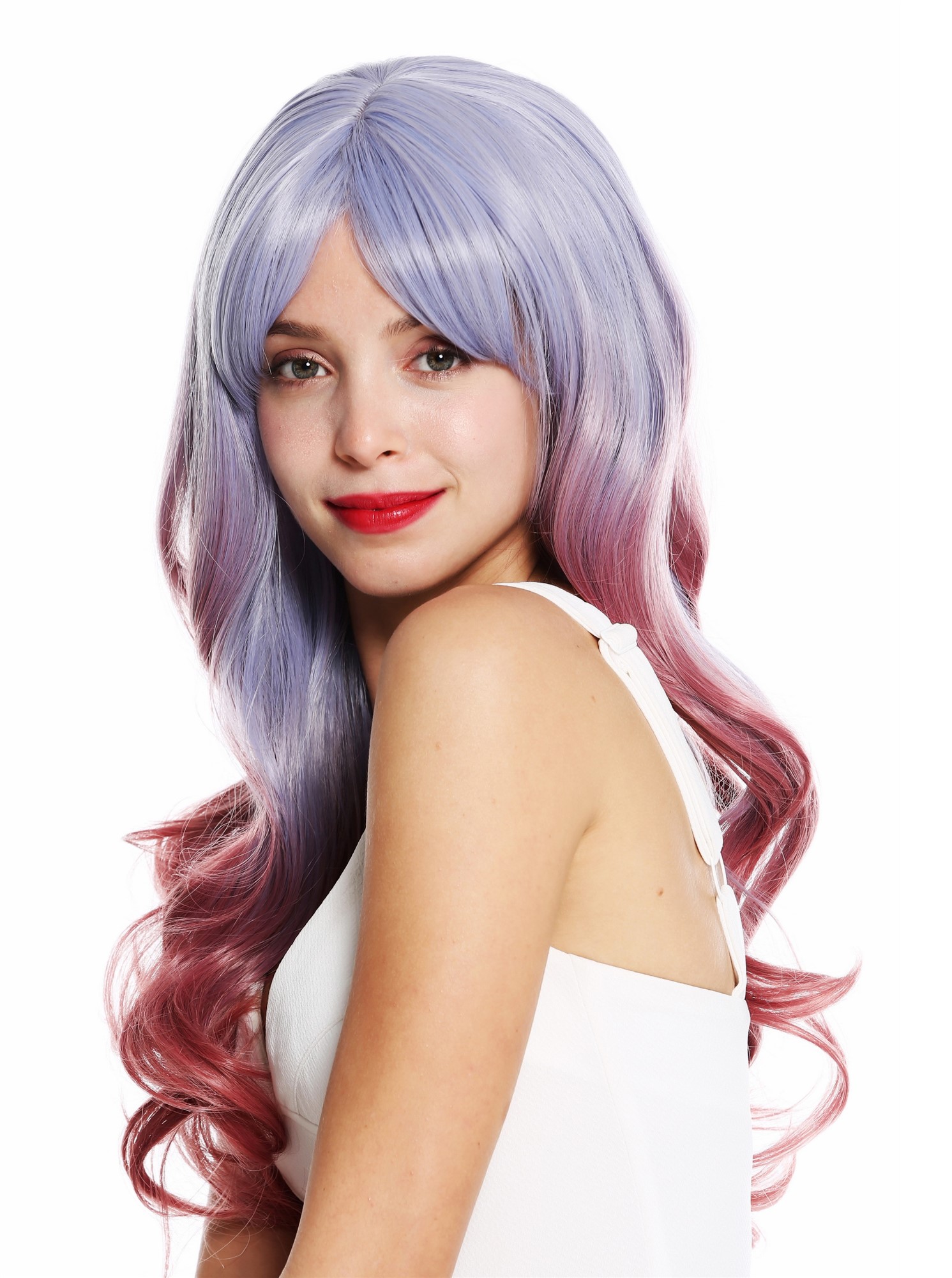 hochwertige Qualitätsperücken, Perücke lang gewellt Balayage Ombre Blau Grau Rot DL-109-3925/3904, Ansicht 3, WIG ME UP: Ihr Perücken Online Shop wellige Tressen-Perücke mit Kopfhaut-Imitat Grau-Rot-Mix lange Haare für Damen