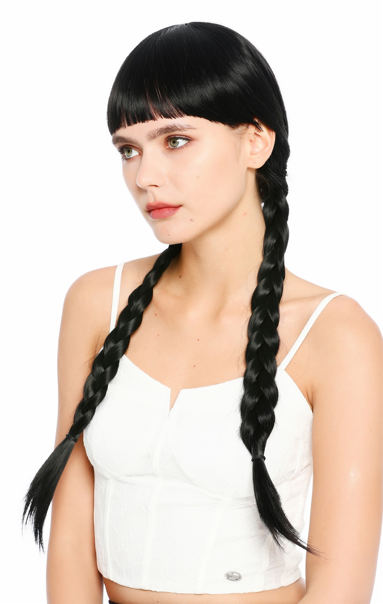 Damenperücke zwei geflochtene Zöpfe lang Schwarz Pony Micropony SZL1342-DHT1B