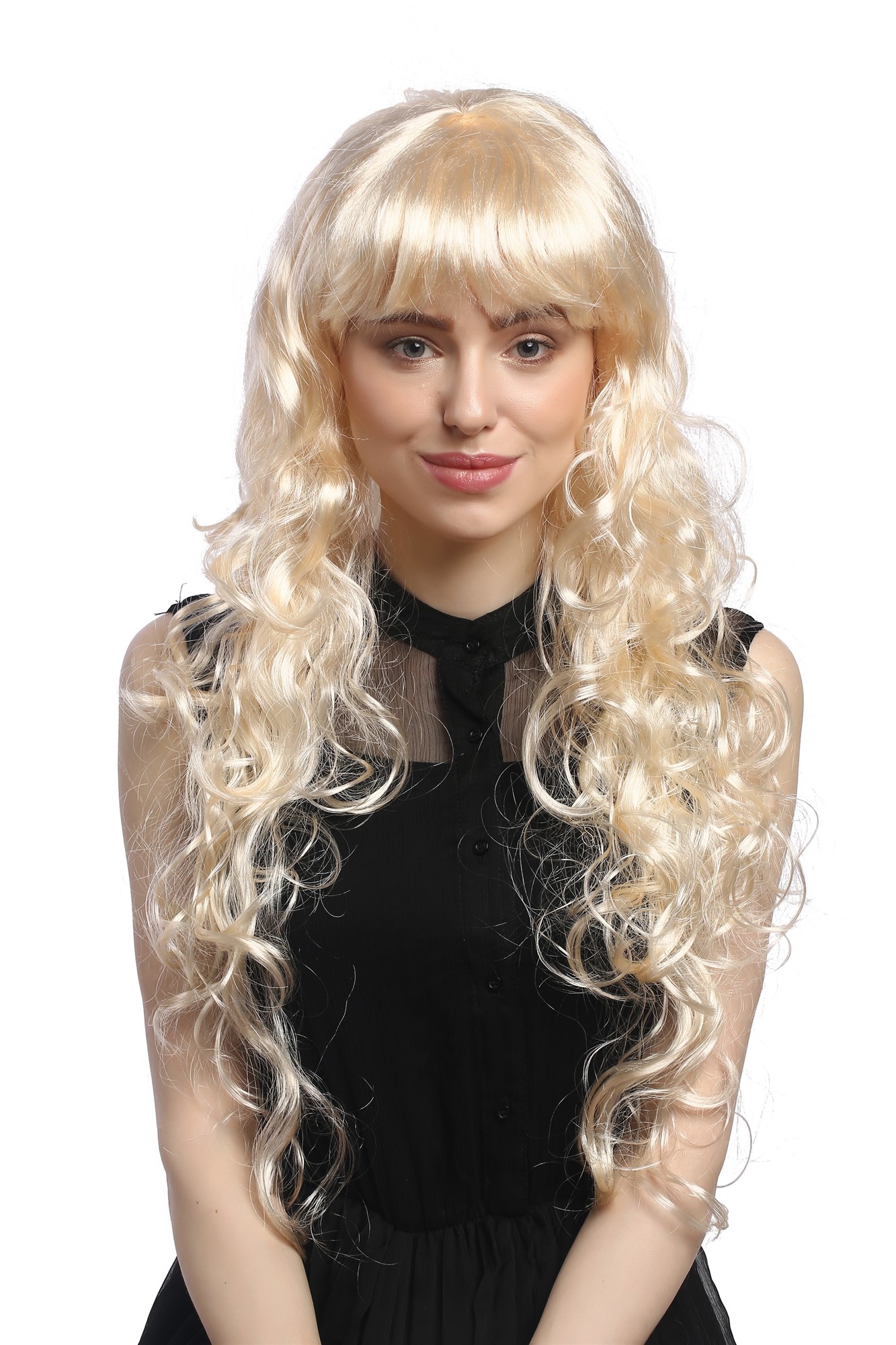 günstige Party Perücke, Perücke Lang Helles Blond Locken Pony 1644-P88, Ansicht 4, WIG ME UP: Ihr Perücken Online Shop wellige Party Perücke Blond sehr lange Haare für Damen