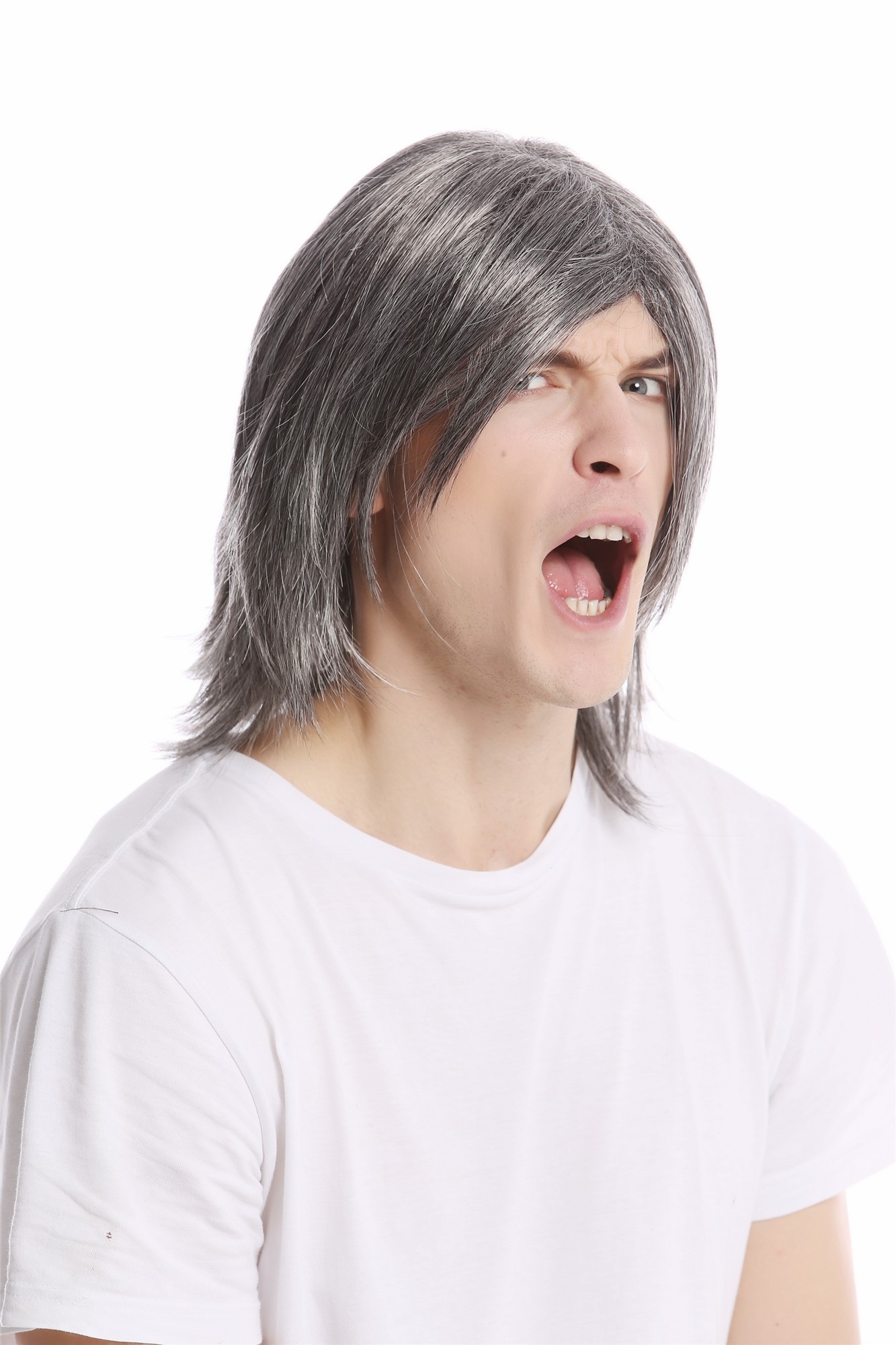 hochwertige Qualitätsperücken, Herrenperücke lang lässiger Haarschnitt cool Scheitel dunkelgrau grau GFW892-44, Ansicht 4, WIG ME UP: Ihr Perücken Online Shop glatte Tressen-Perücke Dunkelgrau schulterlange Haare für Herren