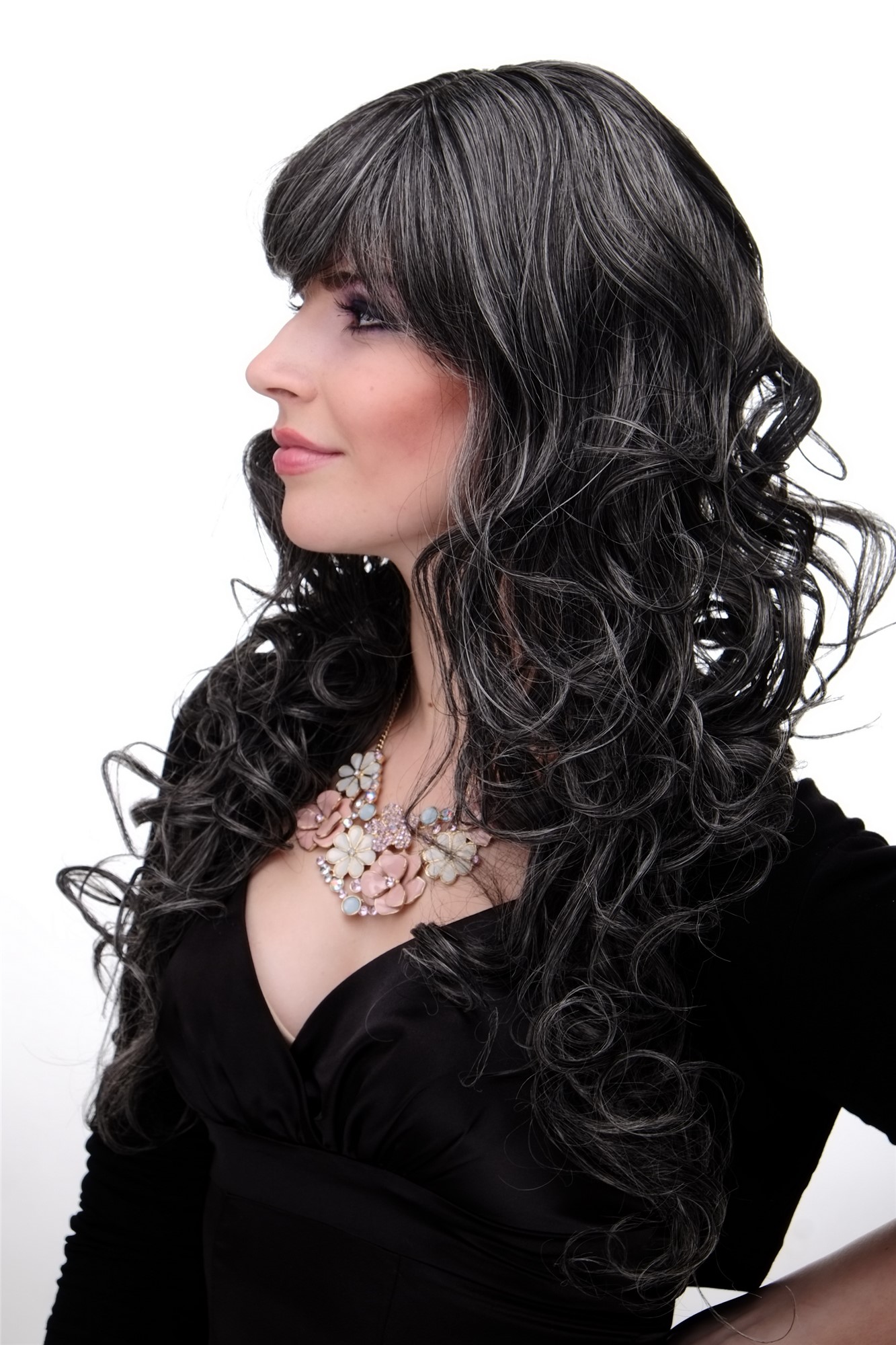 M-103-44 Lady  Wig very long curly curled slightly stringy wetlook fringe dark grey 23" inch, view 2, WIG ME UP: Your Perücken Online Shop Quality Wigs, Ladies, dark brown-gray mix, curled, long