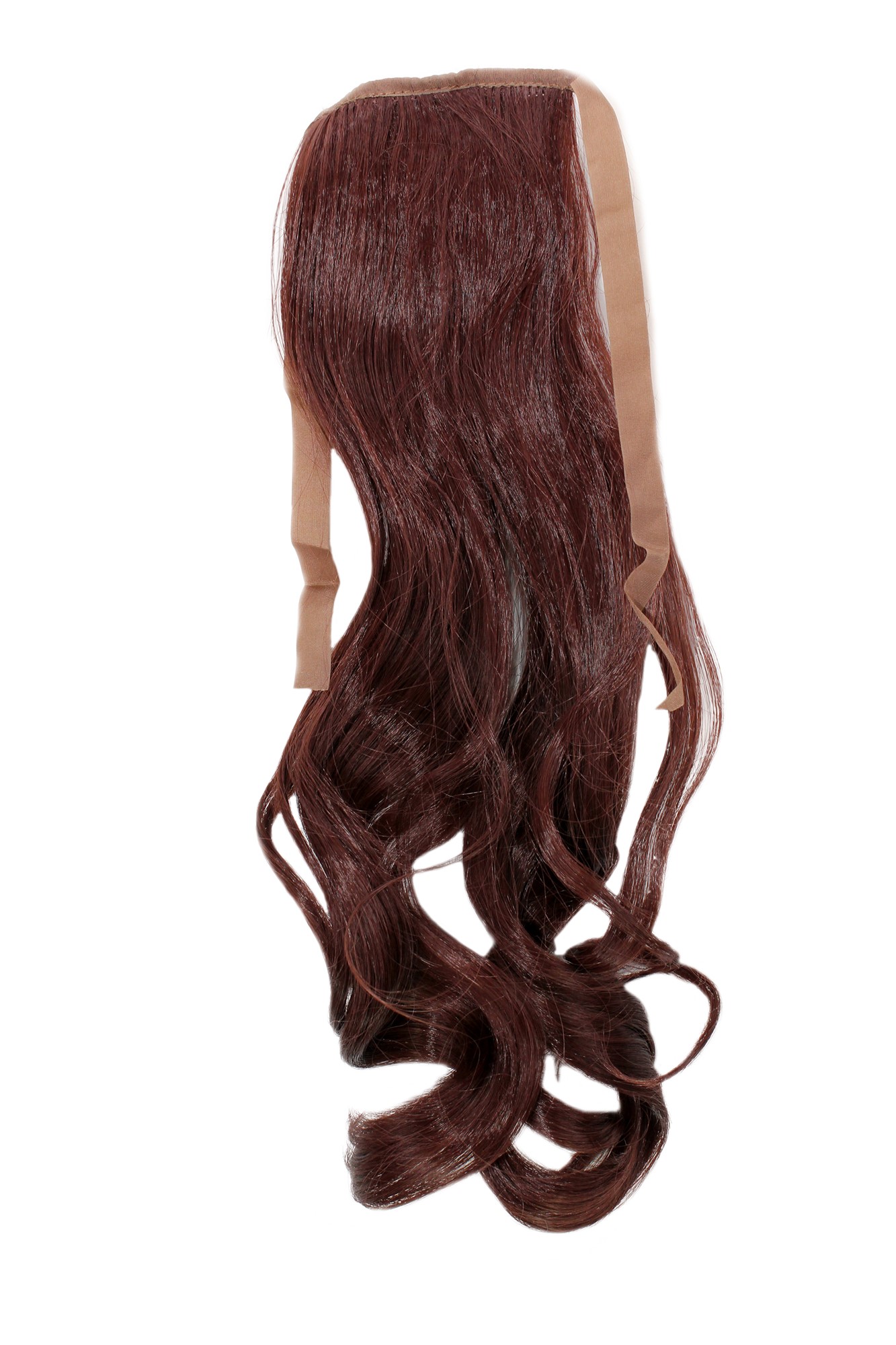 hochwertiges Haarteil Kastanien-Braun wellig Bändchen + Klammer Befestigung YZF-TC18-33, Vorderansicht, WIG ME UP: Ihr Perücken Online Shop welliges Zopf-Haarteil Kastanienbraun 45 cm lang