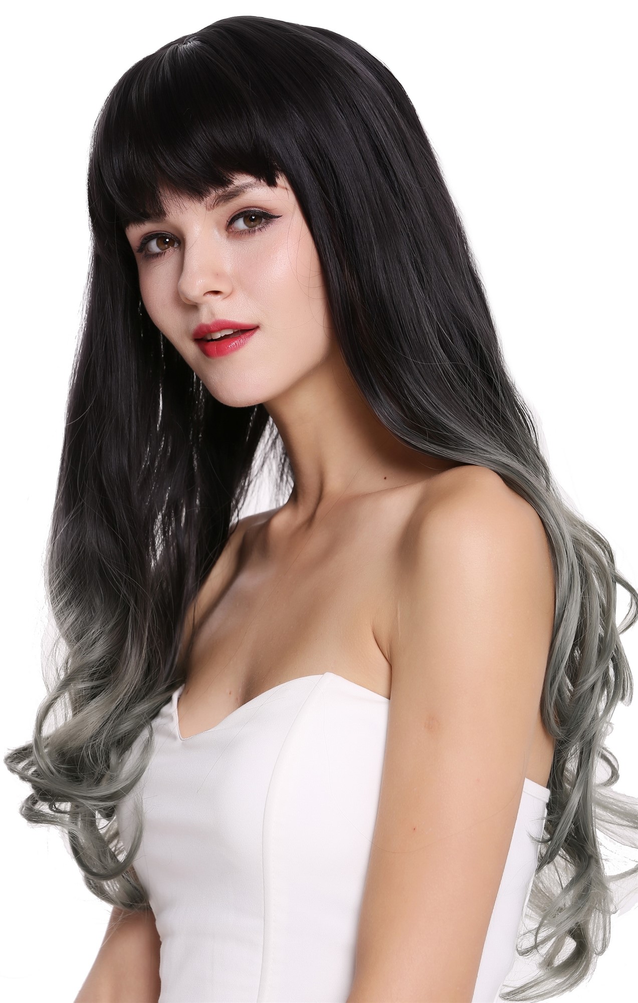 hochwertige Qualitätsperücken, Perücke lang Pony wellig Balayage Dunkelbraun Grün H1800-904R4, Ansicht 3, WIG ME UP: Ihr Perücken Online Shop wellige Tressen-Perücke mit Kopfhaut-Imitat Dunkelbraun-Meergrün-Mix lange Haare für Damen