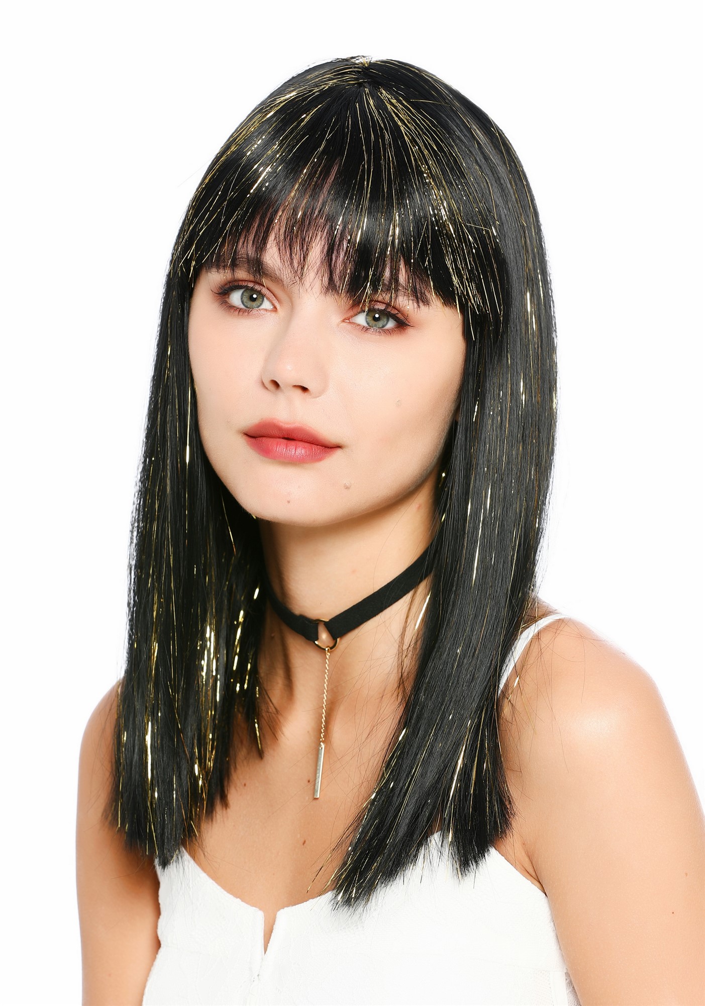 glatte Party-Perücke Schwarz mit Gold-Strähnen 50 cm lange Perücke für Damen