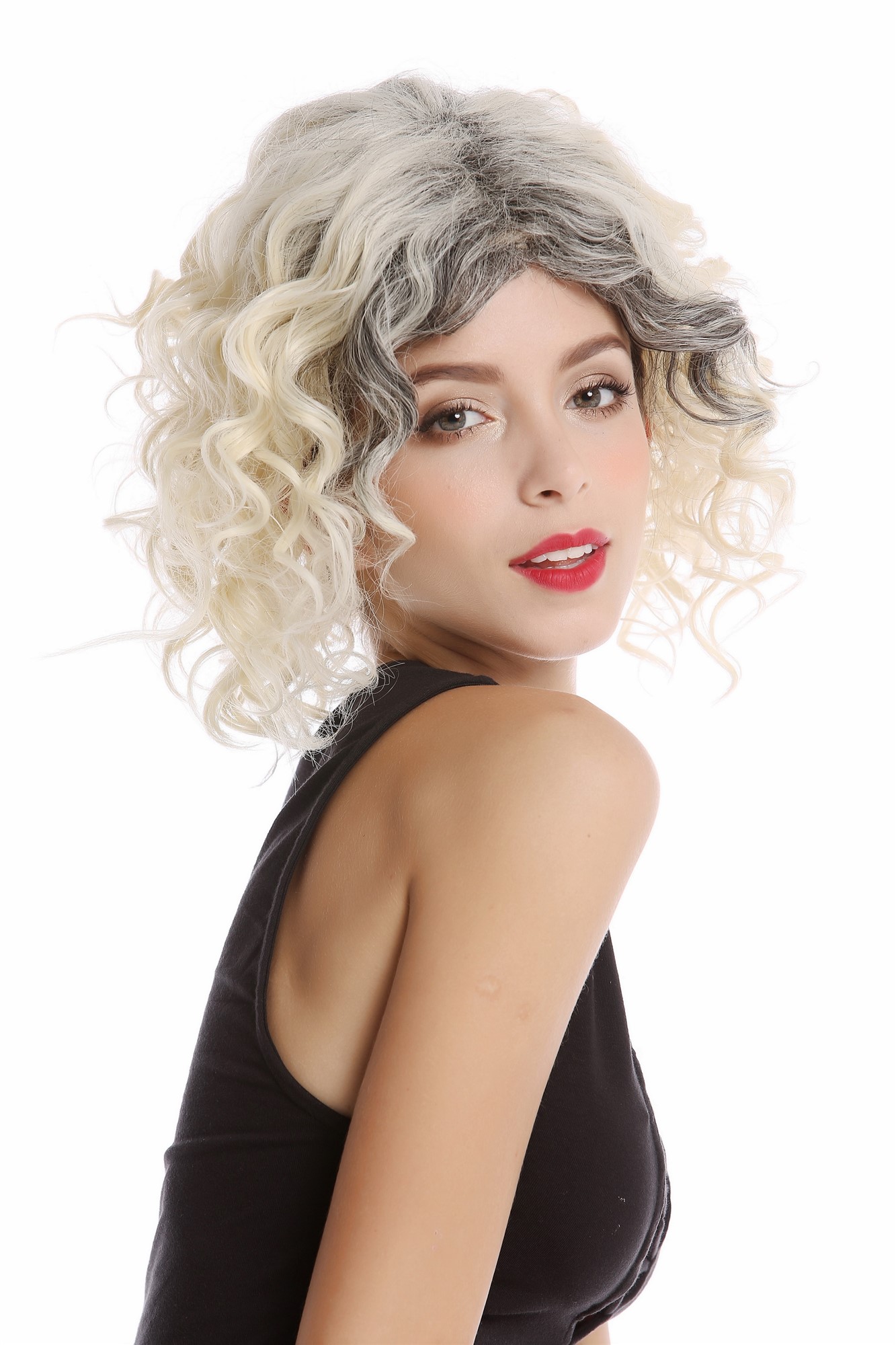 hochwertige Qualitätsperücken, Perücke Platinblond Locken dunkler Mittelscheitel GF-W2129-2T613+613, Ansicht 4, WIG ME UP: Ihr Perücken Online Shop lockige Tressen-Perücke Blond-Mix schulterlange Haare für Damen