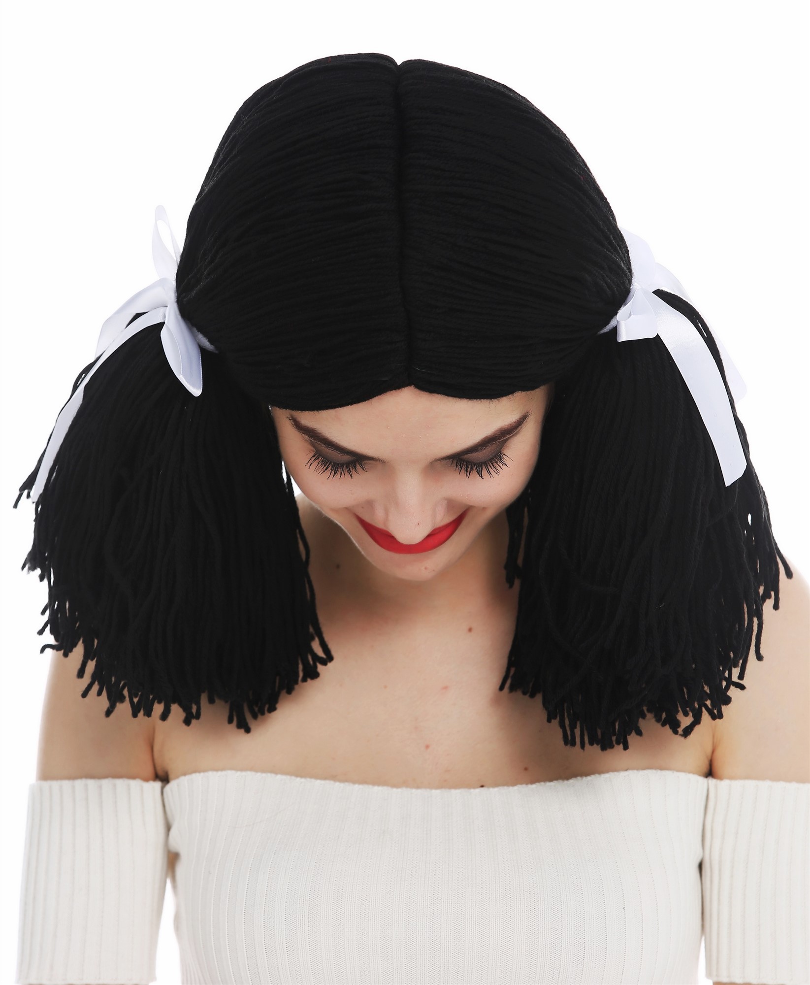 günstige Party Perücke, Perücke Puppe Puppenhaar Schwarz Zöpfe 3208-P103, Ansicht 4, WIG ME UP: Ihr Perücken Online Shop wellige Party Perücke Pechschwarz schulterlange Haare für Damen