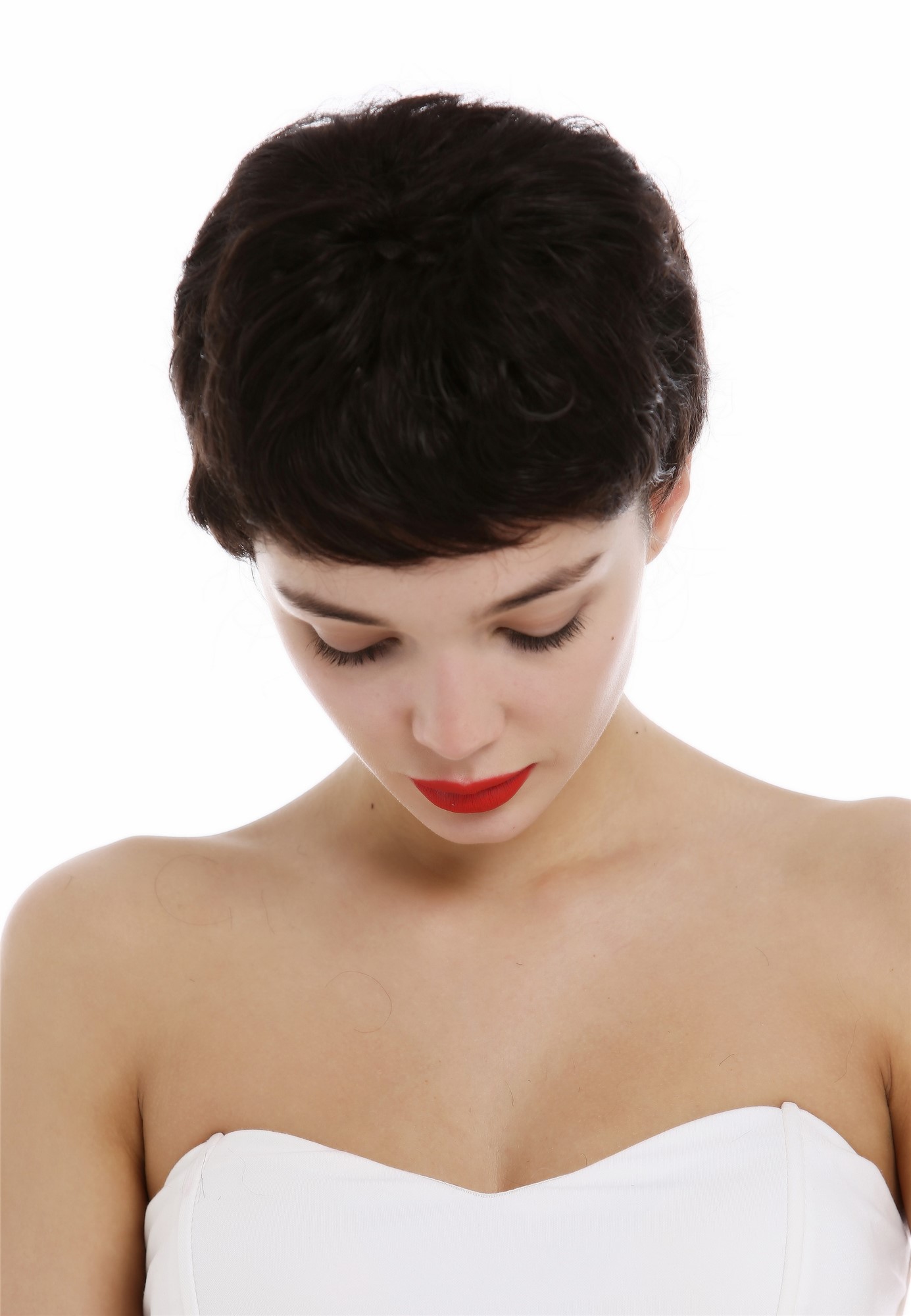 hochwertige Qualitätsperücken, Perücke Echthaar Damen Herren kurz Pixie wild wellig Schwarzbraun BHH-11-2, Ansicht 4, WIG ME UP: Ihr Perücken Online Shop wellige Tressen-Perücke Schwarzbraun kurze Haare für Damen