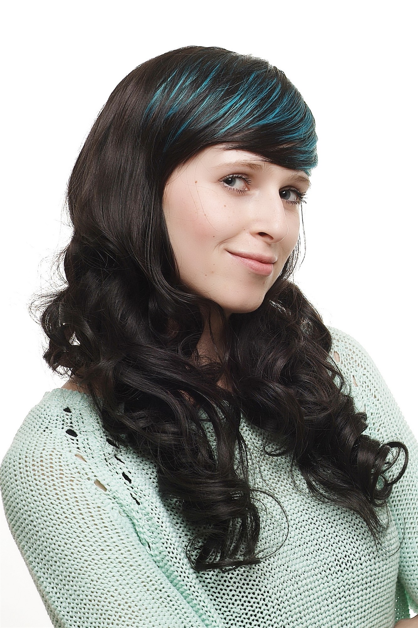 Extravagant Lady  Wig long beautiful curls dark brown purple highlights in fringe emo punk, view 2, WIG ME UP: Your Perücken Online Shop Quality Wigs, Ladies, dark brown, curled, long
