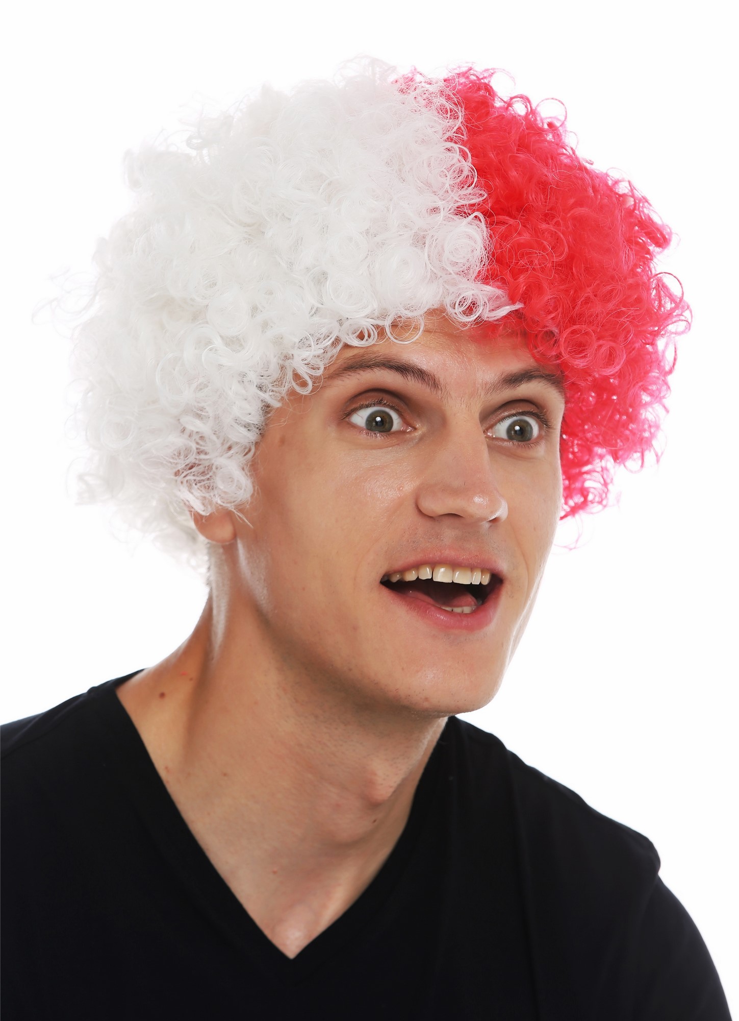 Fan wig carnival afro soccer football world cup white red half and half MMAM-15M, view 3, WIG ME UP: Your Perücken Online Shop Party Wig, Unisex, red-white mix, curled, short