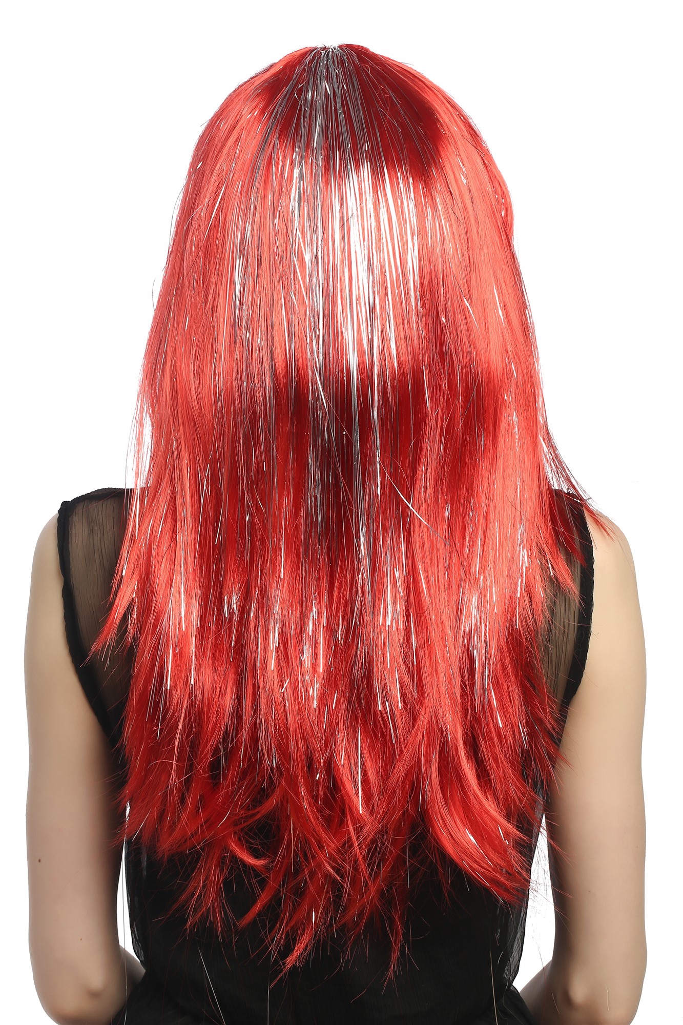 XR-003-PC13 Lady Party Wig Halloween long straight bangs streaked with silver tinsel strands red, view 4, WIG ME UP: Your Perücken Online Shop Party Wig, Ladies, bright red, straight, long