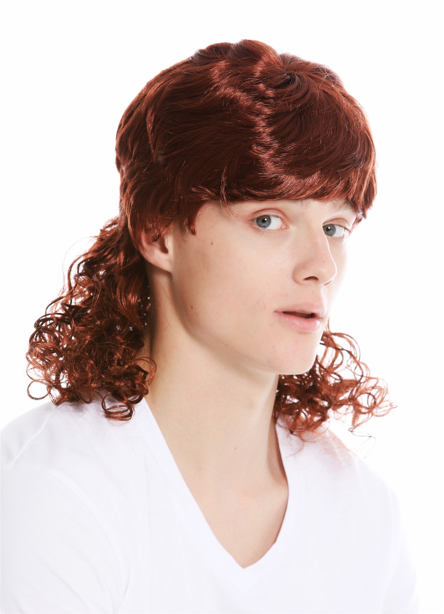 günstige Party Perücke, Perücke Vokuhila Schlager Sänger Rotbraun Lockig 60893-P340, Ansicht 2, WIG ME UP: Ihr Perücken Online Shop lockige Party Perücke Braun schulterlange Haare Unisex