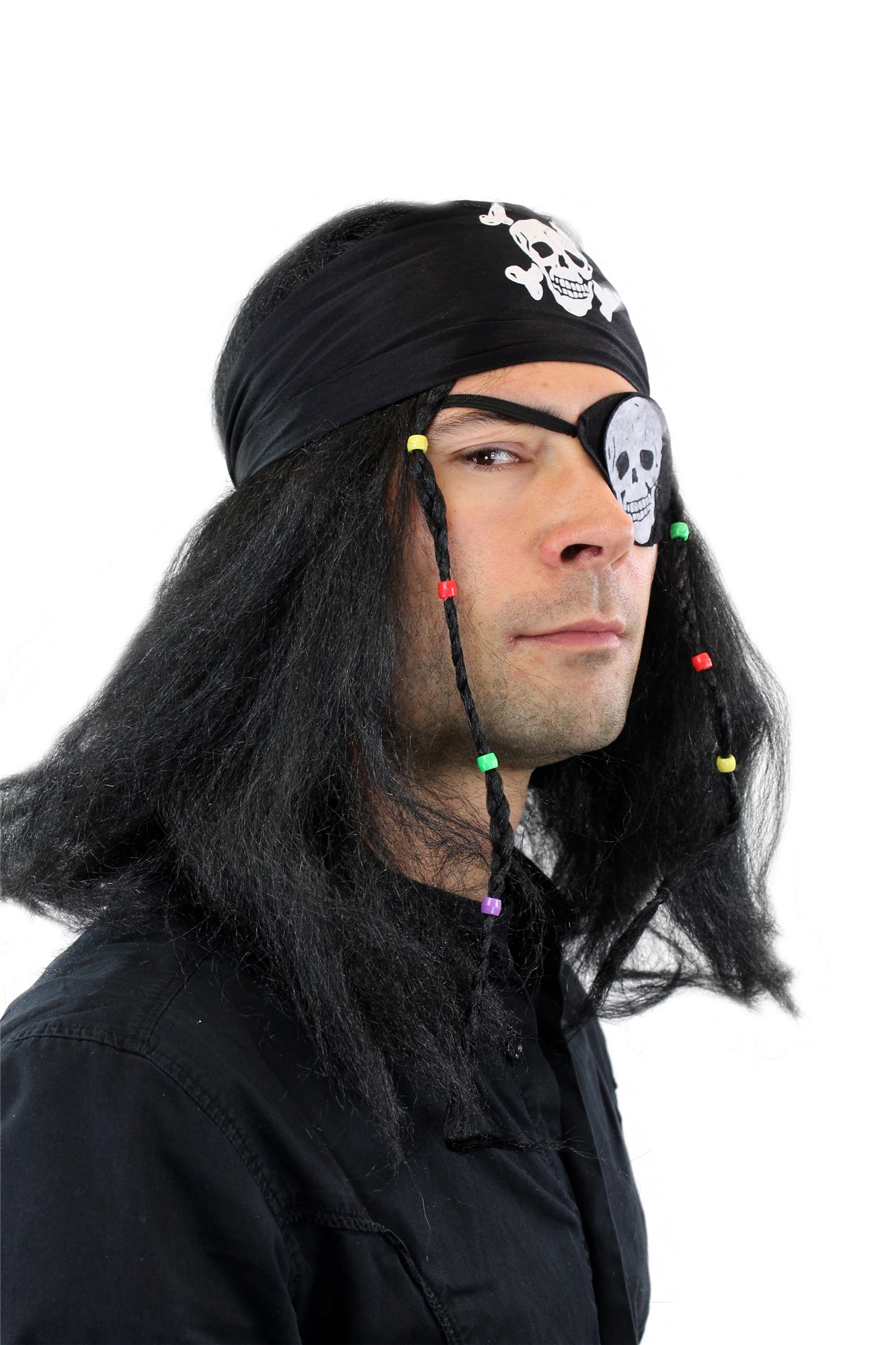 Party Halloween Pirate Set wild black Wig Bandana Eye Patch Jolly Roger 26583, view 4, WIG ME UP: Your Perücken Online Shop Party Wig, Men, Black, Braided, long