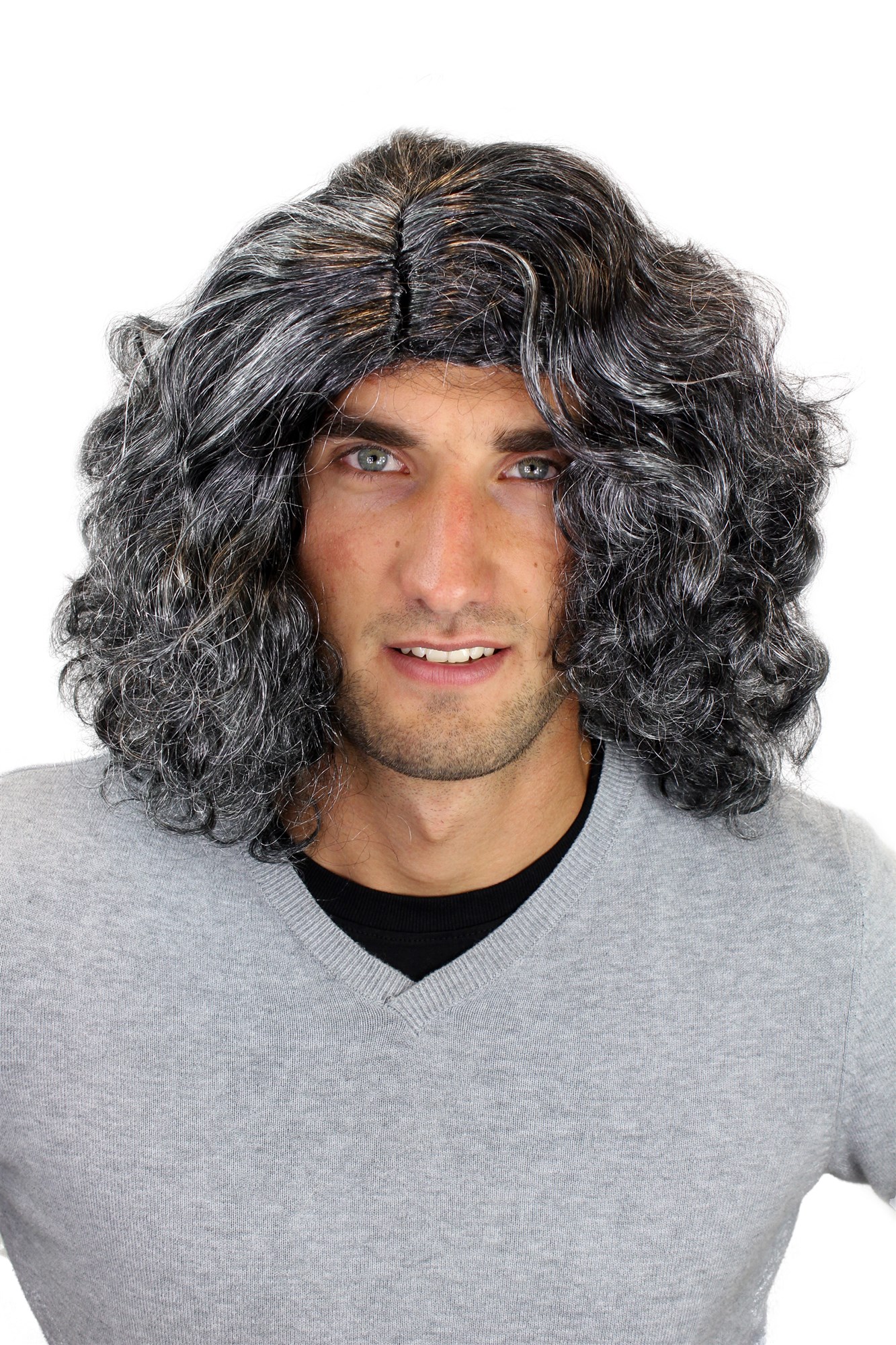 günstige Party Perücke, Perücke & Bart Urmensch Neandertaler Schwarz-Grau-Mix 6098, Ansicht 2, WIG ME UP: Ihr Perücken Online Shop wellige Party Perücke Grau schulterlange Haare Unisex