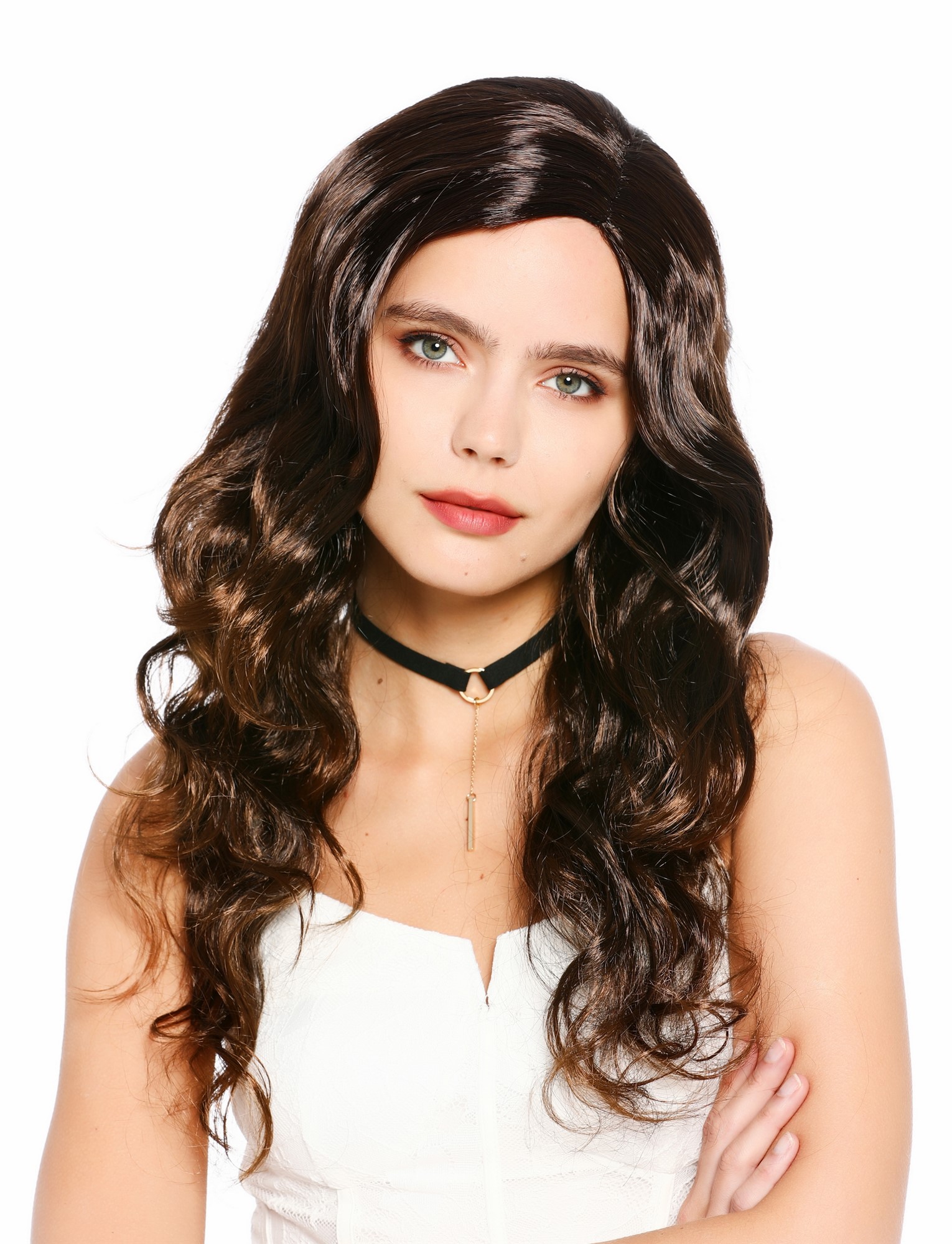 wellige Party-Perücke Kupferbraun-Schwarz-Mix 60 cm lange Perücke für Damen