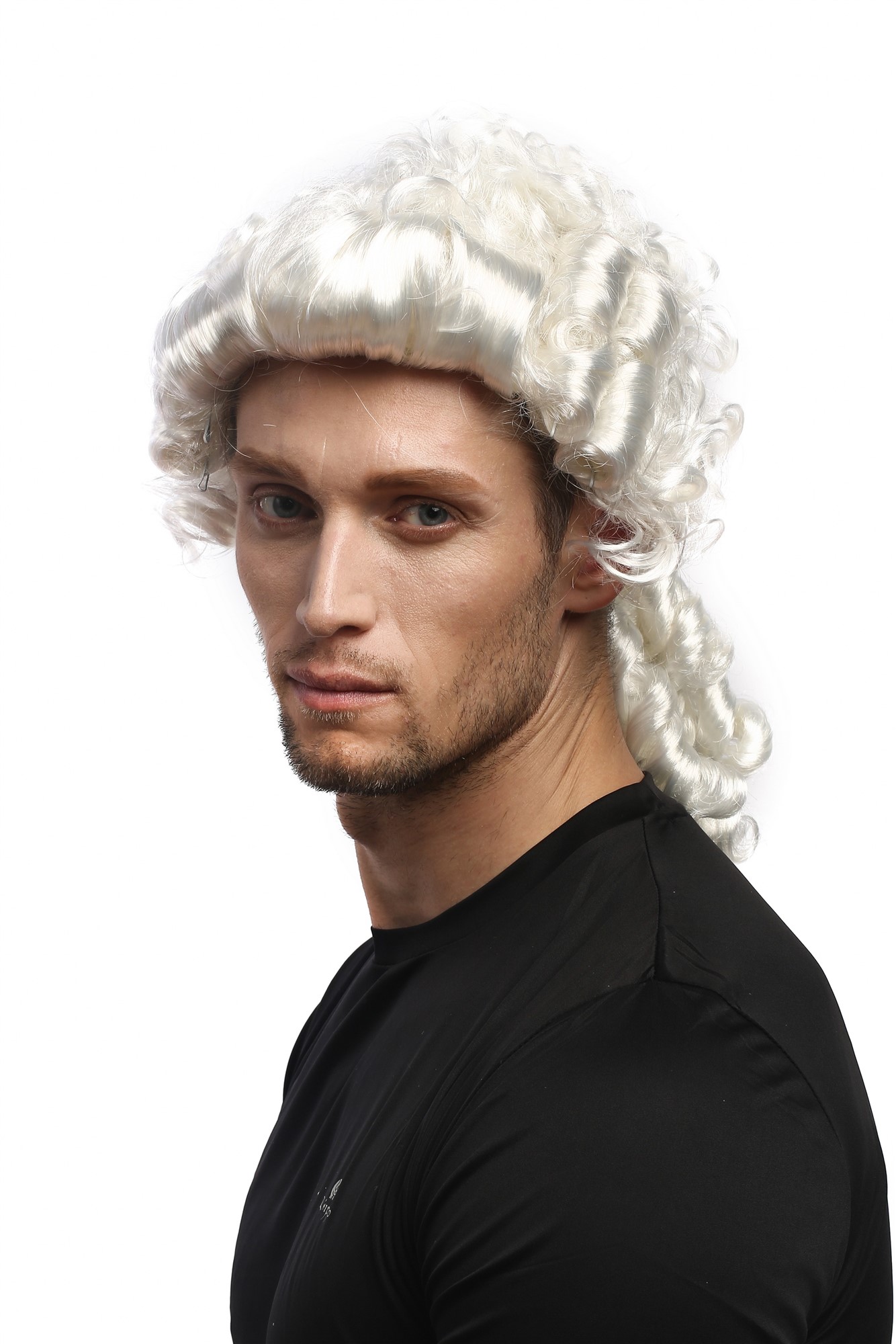 Man Gents Party Wig Halloween Fancy Dress Baroque noble aristocrat lord curls long ponytail white, front view, WIG ME UP: Your Perücken Online Shop Party Wig, Men, White, curled, shoulder-length