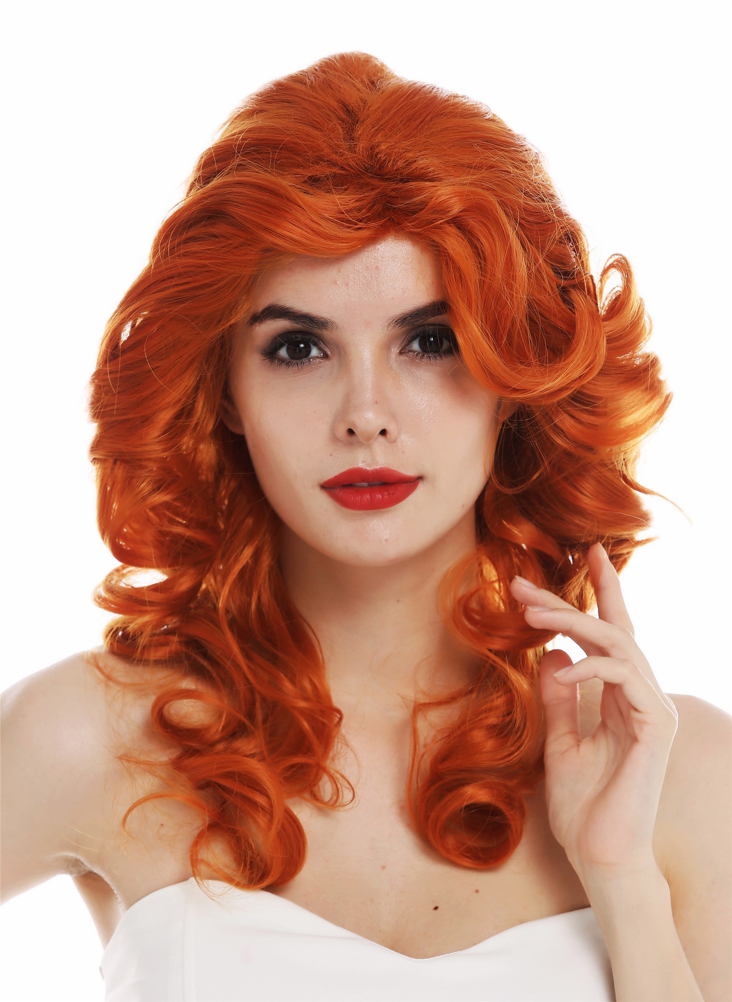 hochwertige Qualitätsperücken, Perücke Diva 80er Wellig Orange Rot WL-3010-T2735, Vorderansicht, WIG ME UP: Ihr Perücken Online Shop lockige Tressen-Perücke Orangerot schulterlange Haare für Damen