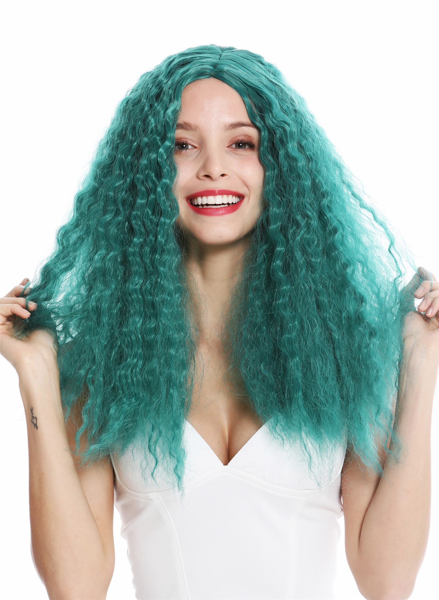 Quality Wigs, Ladies, turquoise green, curled, long