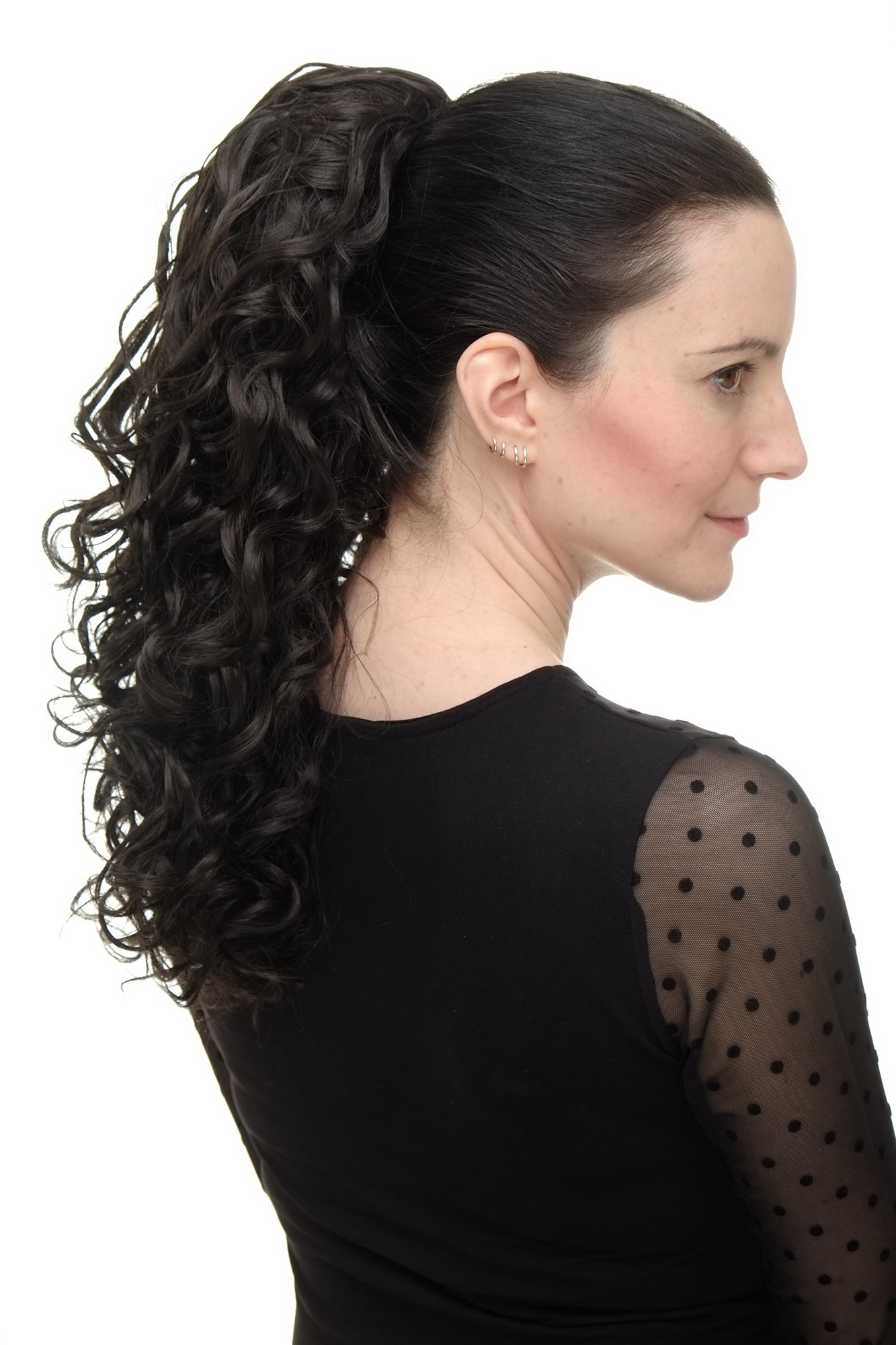 Hairpiece Ponytail with 2 combs/clips & elastic draw string long full curls voluminous dark brown, view 5, WIG ME UP: Your Perücken Online Shop Ponytails, dark brown, curled, shoulder-length