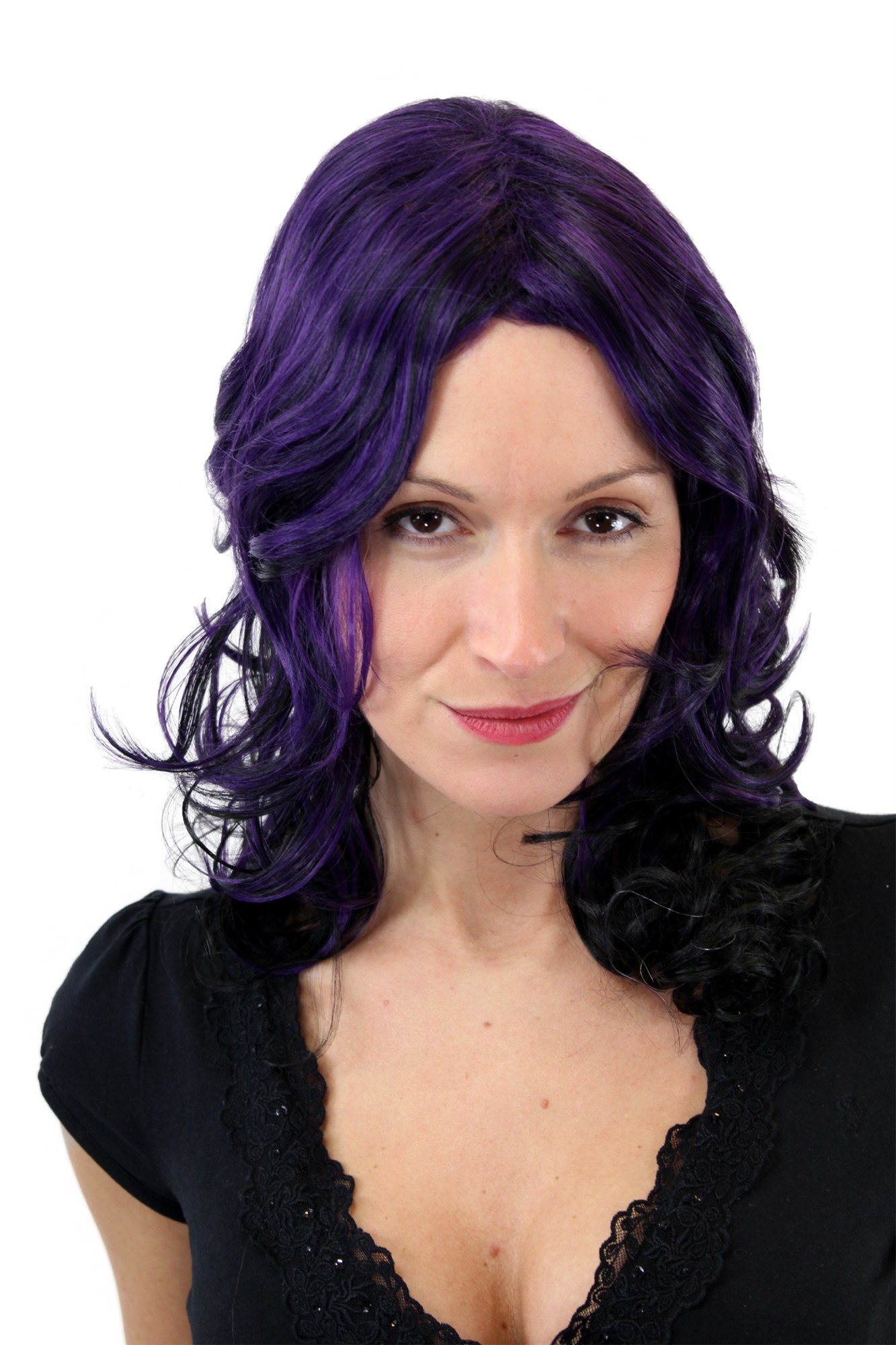 GLAMOROUS Lady  Wig BLACK with PURPLE curled bouncing ends SHOULDER LENGTH middle parting, front view, WIG ME UP: Your Perücken Online Shop Quality Wigs, Ladies, black and purple, curled, shoulder-length