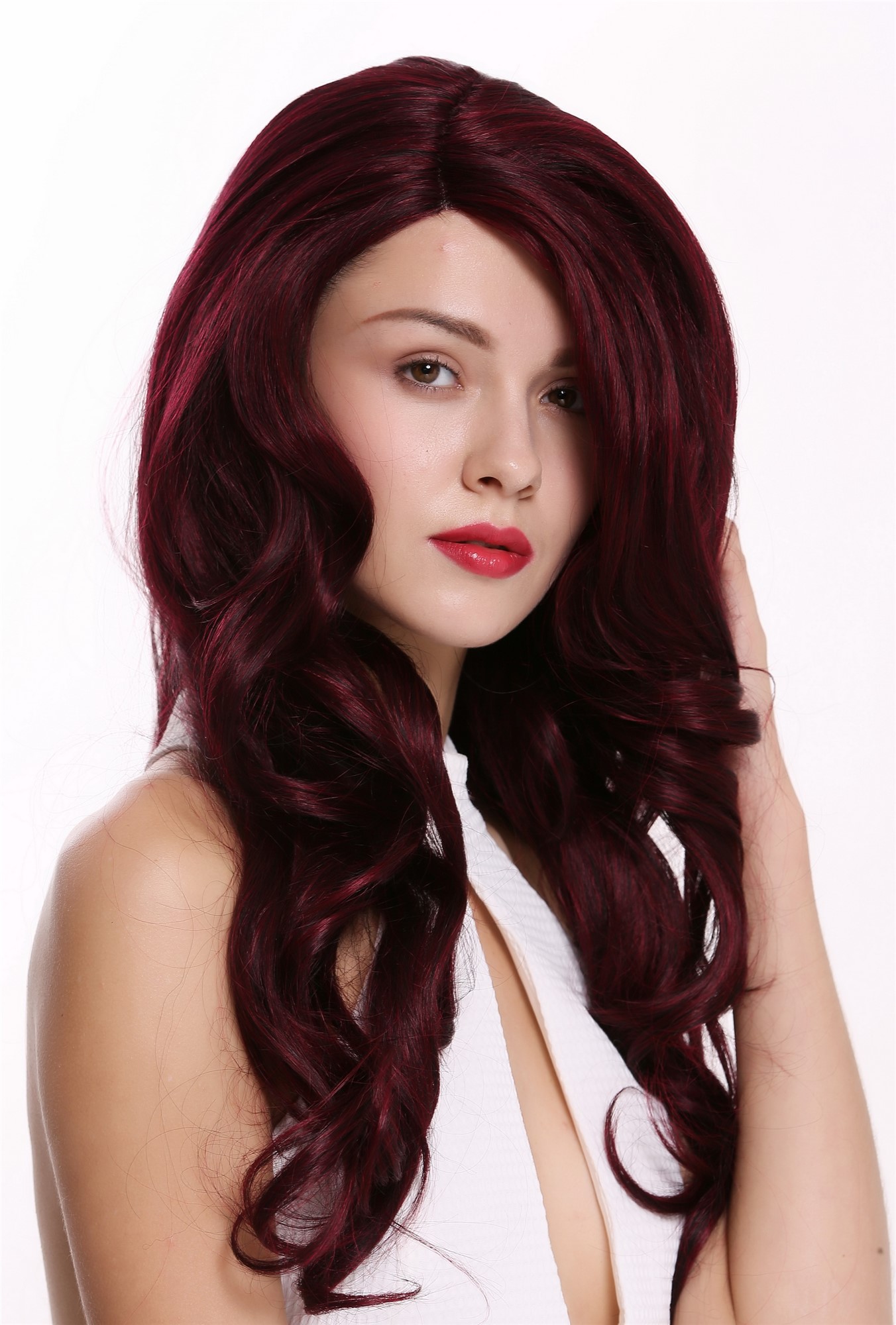 Lady wig long wavy parting lace front monofilament black strreaked red LO1703-MF, view 2, WIG ME UP: Your Perücken Online Shop Quality Wigs, Ladies, black-brown-garnet red mix, wavy, long