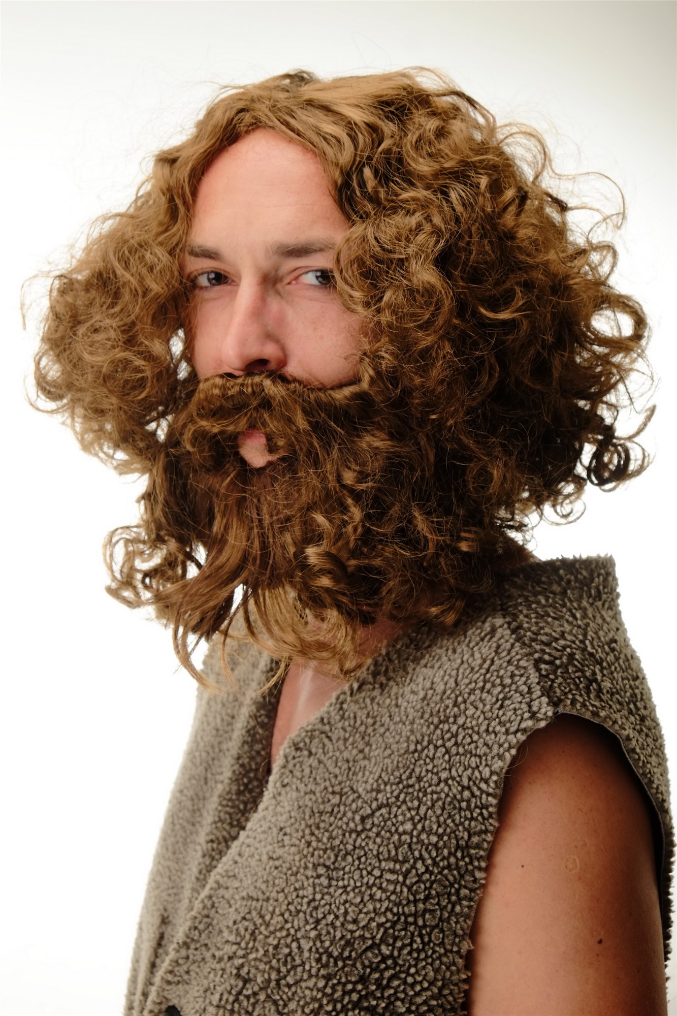 günstige Party Perücke, Perücke Bart Wilder Barbar Urmensch hellbraun 6098A+B-P6, Ansicht 2, WIG ME UP: Ihr Perücken Online Shop lockige Party Perücke Braun schulterlange Haare für Herren