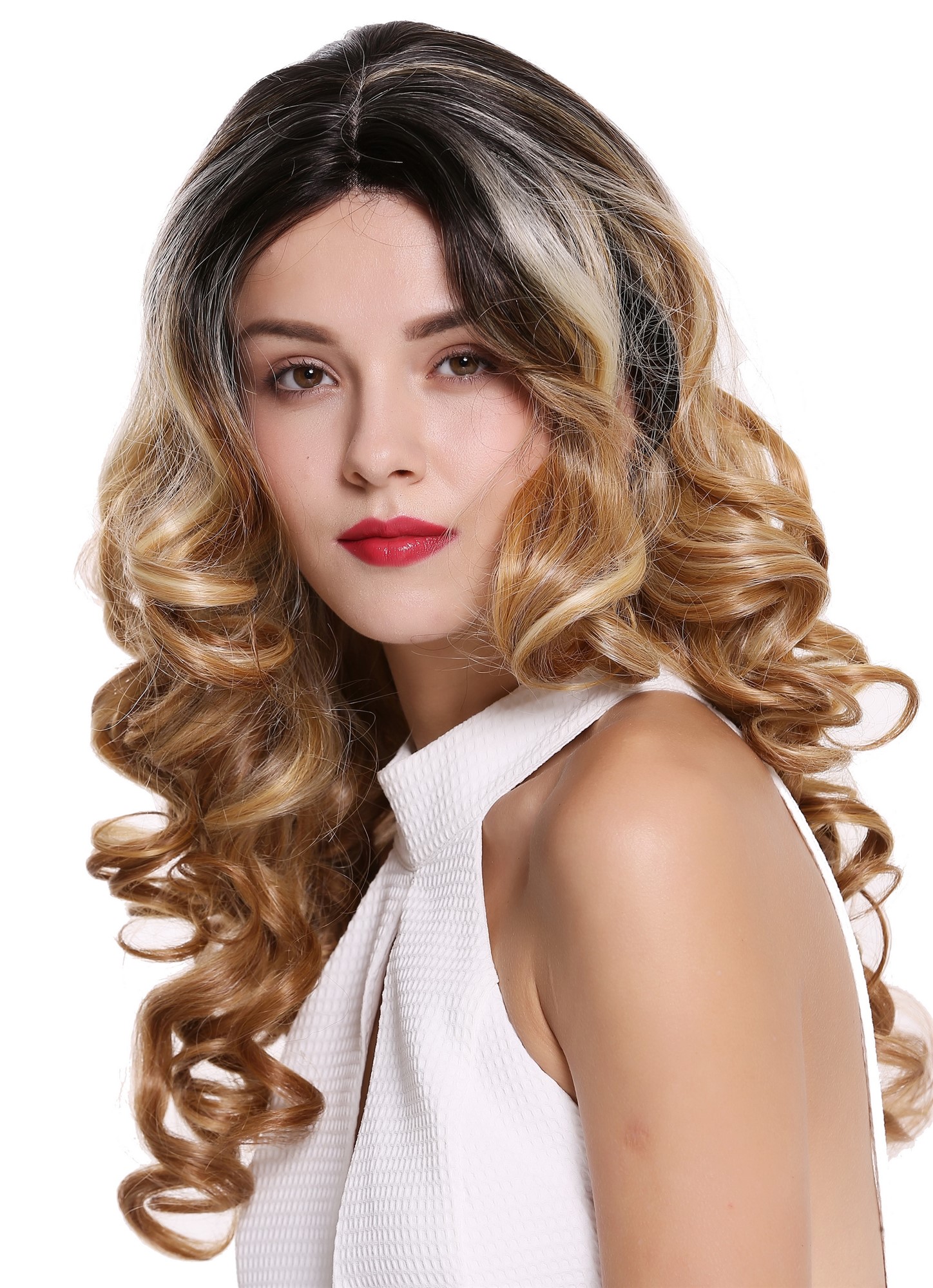 Lady wig lace front middle parting long curls Balayage black blonde platinum, view 3, WIG ME UP: Your Perücken Online Shop Quality Wigs, Ladies, copper blonde-platinum blonde-jet black mix, curled, long